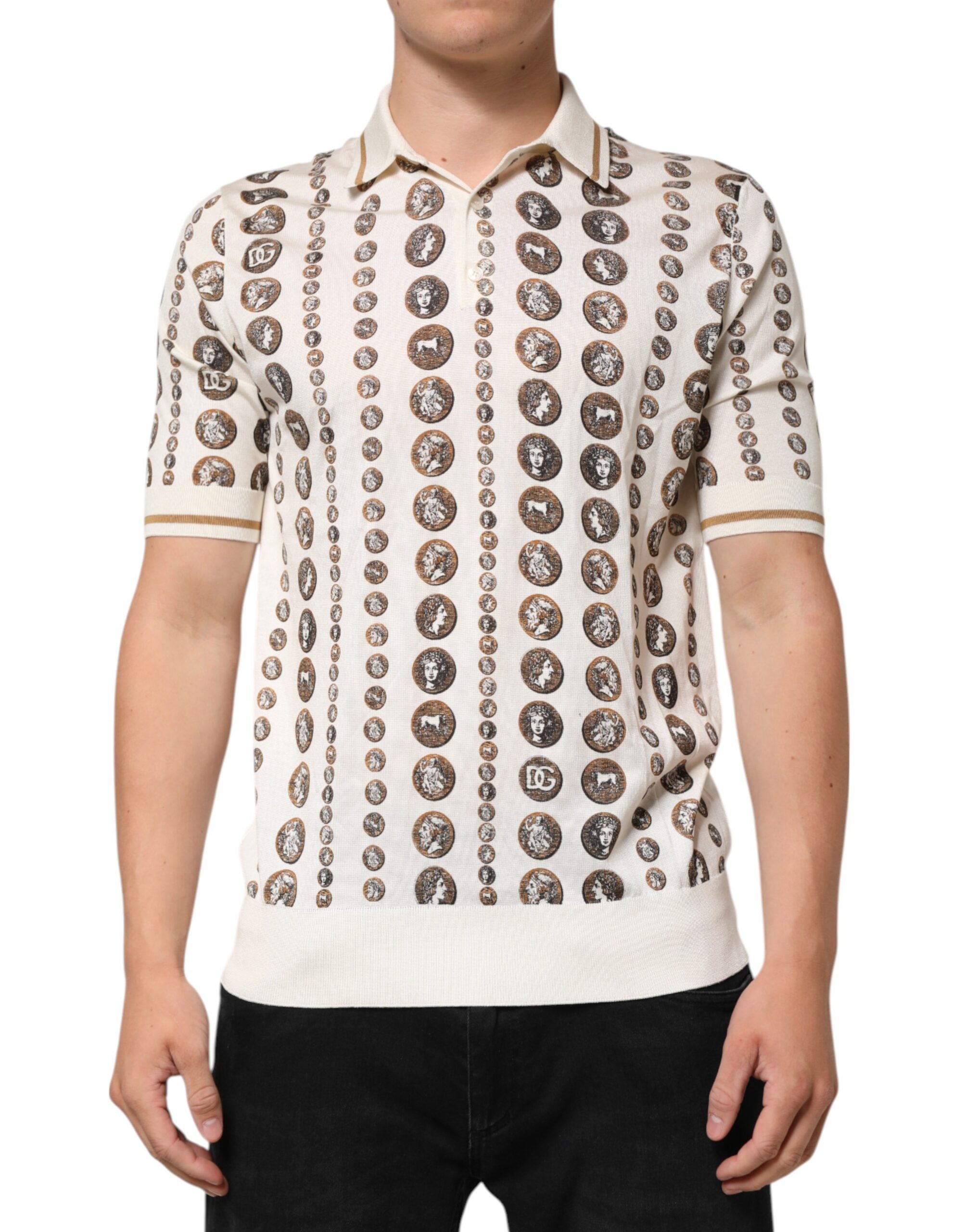 Dolce & Gabbana Silk Ivory Coin Print Logo Men Polo T-shirt Dolce & Gabbana