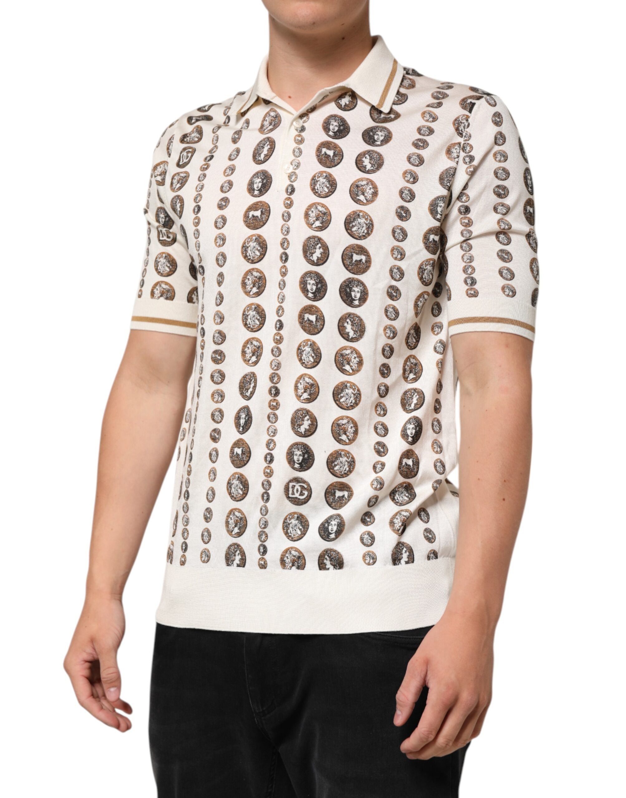 Dolce & Gabbana Silk Ivory Coin Print Logo Men Polo T-shirt Dolce & Gabbana