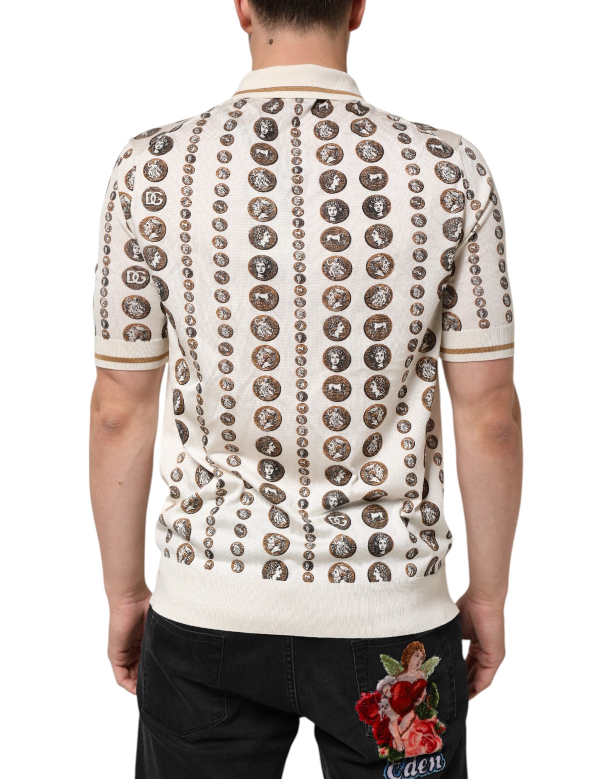 Dolce & Gabbana Silk Ivory Coin Print Logo Men Polo T-shirt Dolce & Gabbana