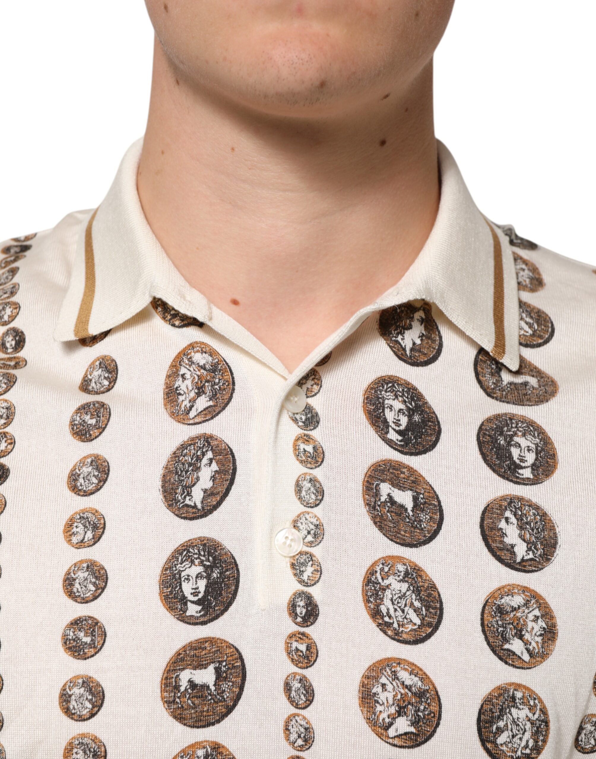 Dolce & Gabbana Silk Ivory Coin Print Logo Men Polo T-shirt Dolce & Gabbana