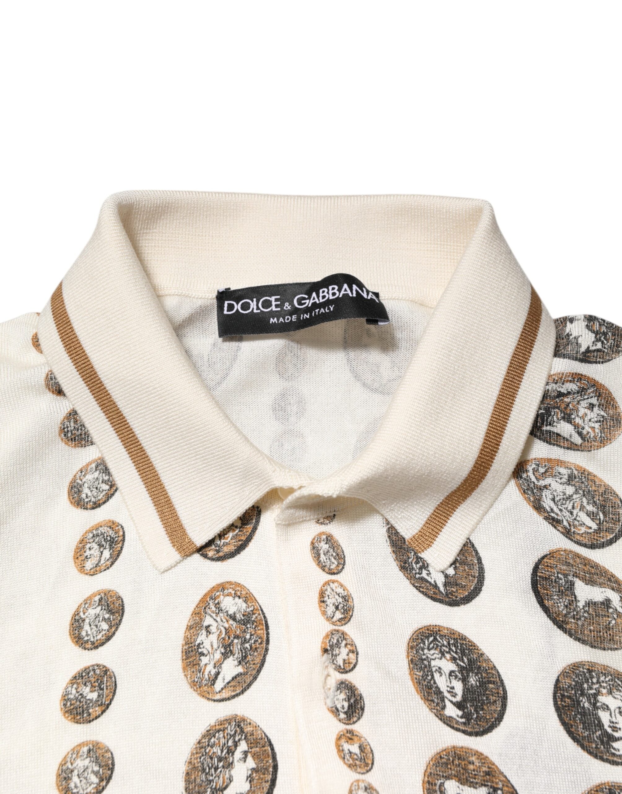 Dolce & Gabbana Silk Ivory Coin Print Logo Men Polo T-shirt Dolce & Gabbana