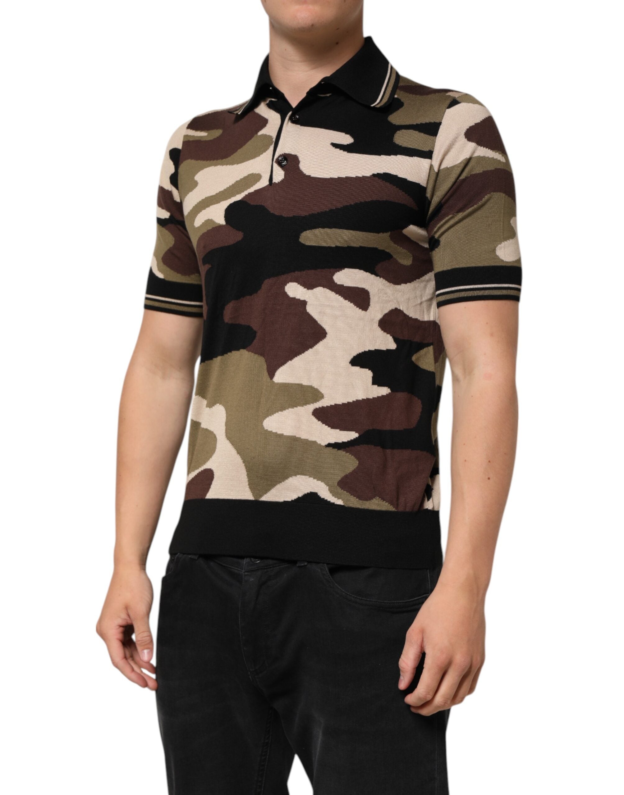 Dolce & Gabbana Camouflage Brown Silk MilitaryPolo T-shirt Dolce & Gabbana