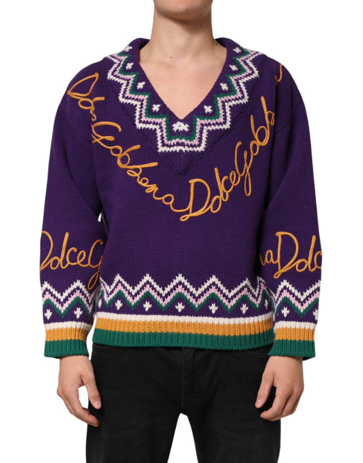 Dolce & Gabbana Purple Wool DG Logo Men Knit Pullover Sweater