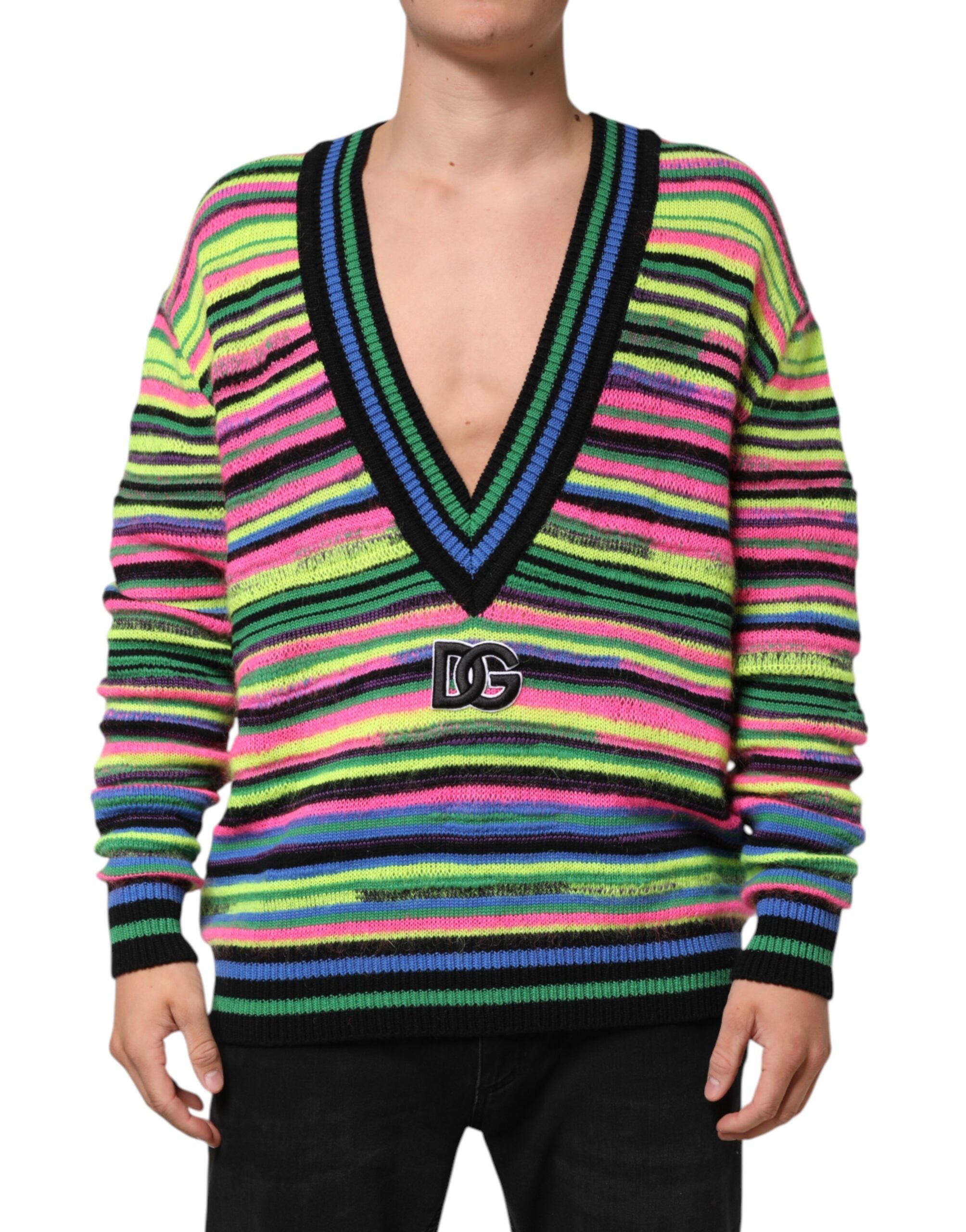 Dolce & Gabbana Multicolor DG Logo V-Neck Knit Pullover Sweater Dolce & Gabbana