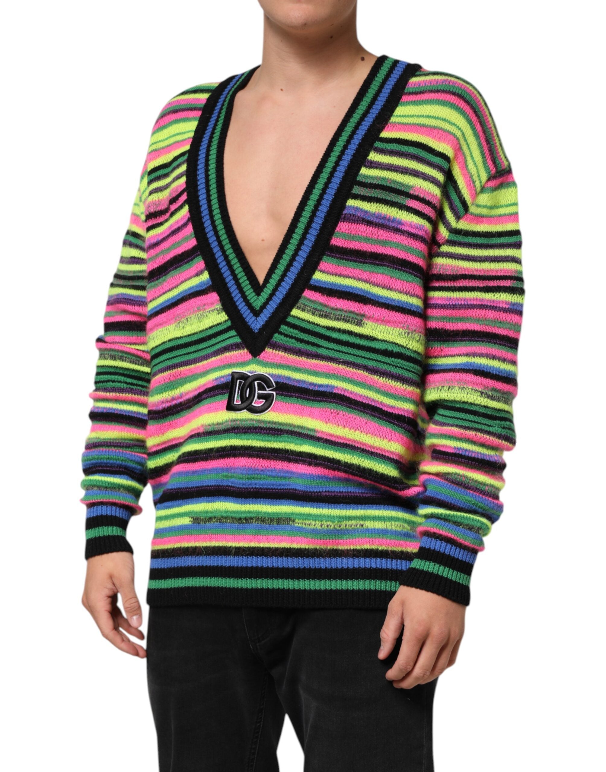 Dolce & Gabbana Multicolor DG Logo V-Neck Knit Pullover Sweater Dolce & Gabbana