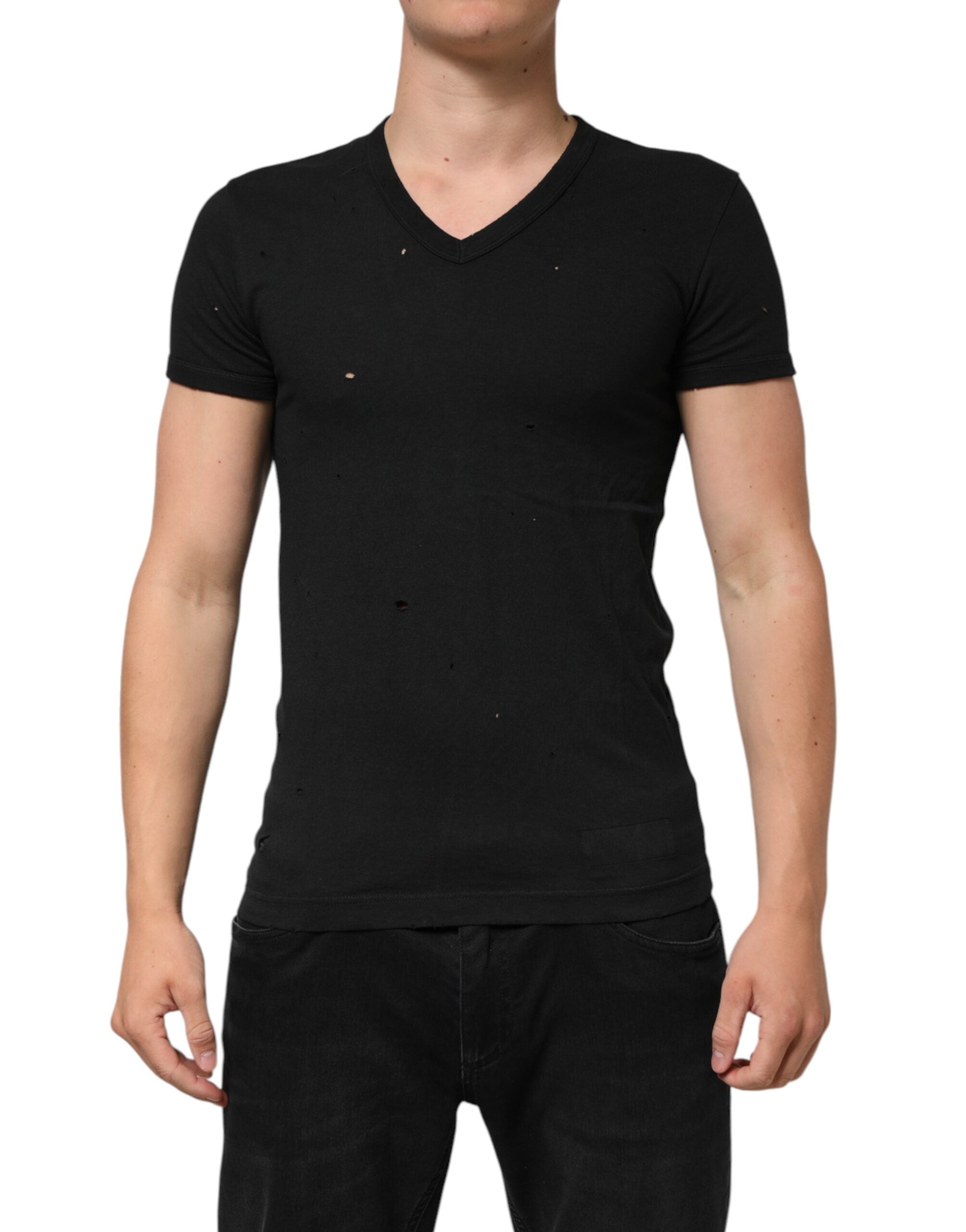 Dolce & Gabbana Black Cotton Tattered Logo V-Neck Men T-shirt Dolce & Gabbana