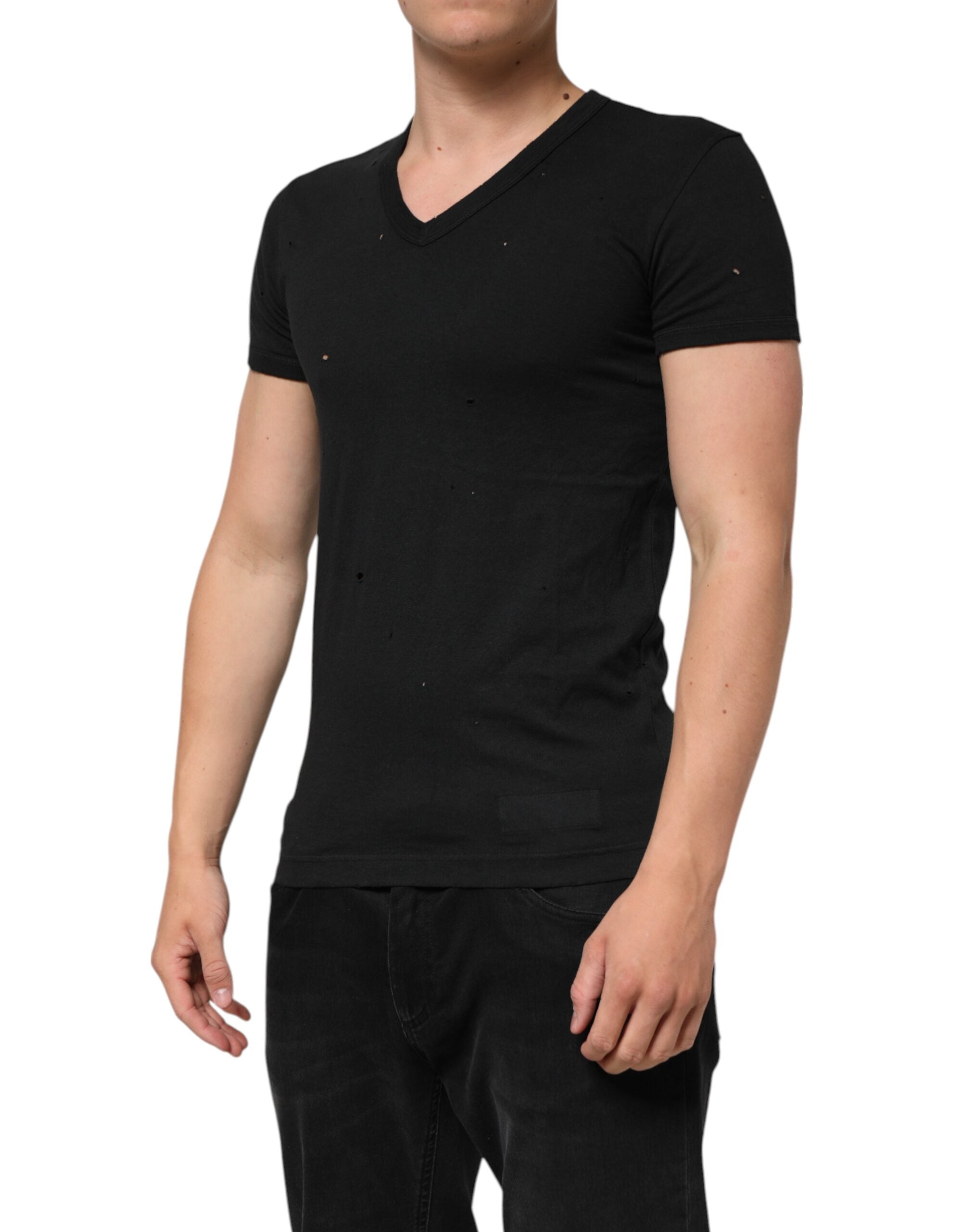 Dolce & Gabbana Black Cotton Tattered Logo V-Neck Men T-shirt Dolce & Gabbana