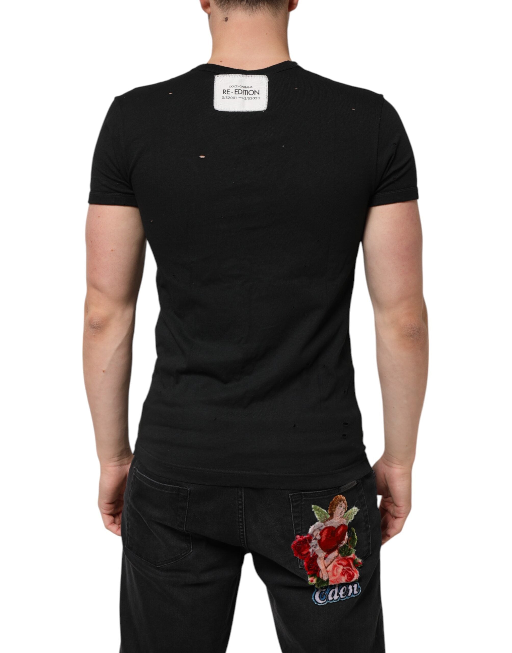 Dolce & Gabbana Black Cotton Tattered Logo V-Neck Men T-shirt Dolce & Gabbana