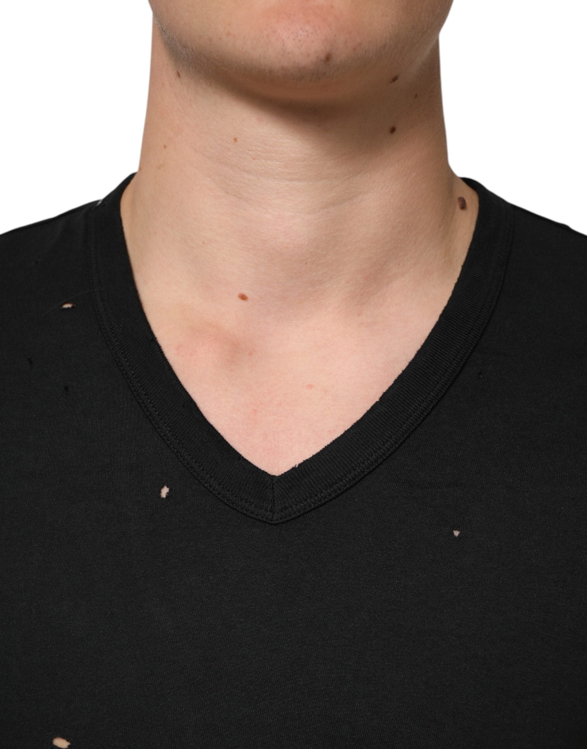 Dolce & Gabbana Black Cotton Tattered Logo V-Neck Men T-shirt Dolce & Gabbana