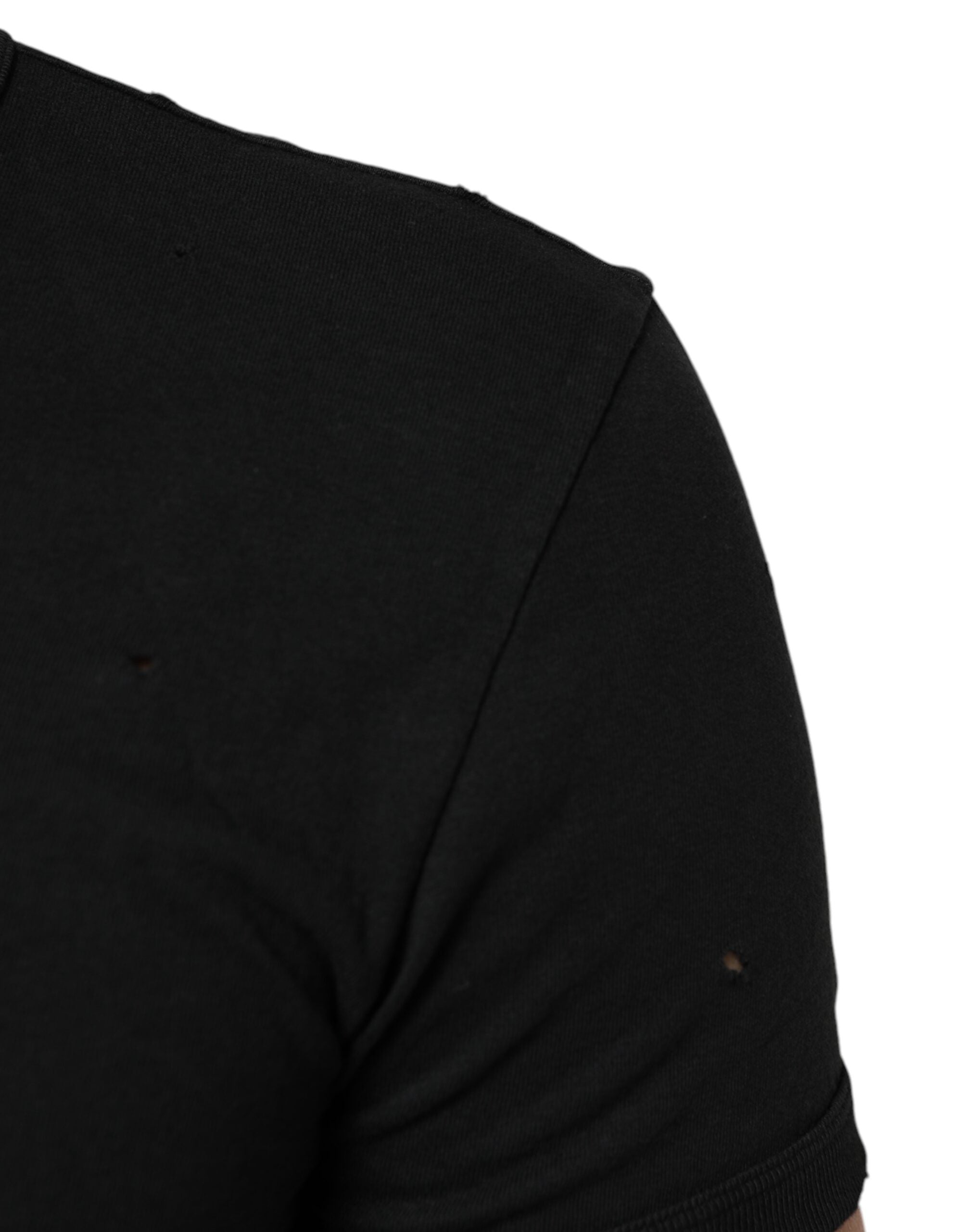 Dolce & Gabbana Black Cotton Tattered Logo V-Neck Men T-shirt Dolce & Gabbana