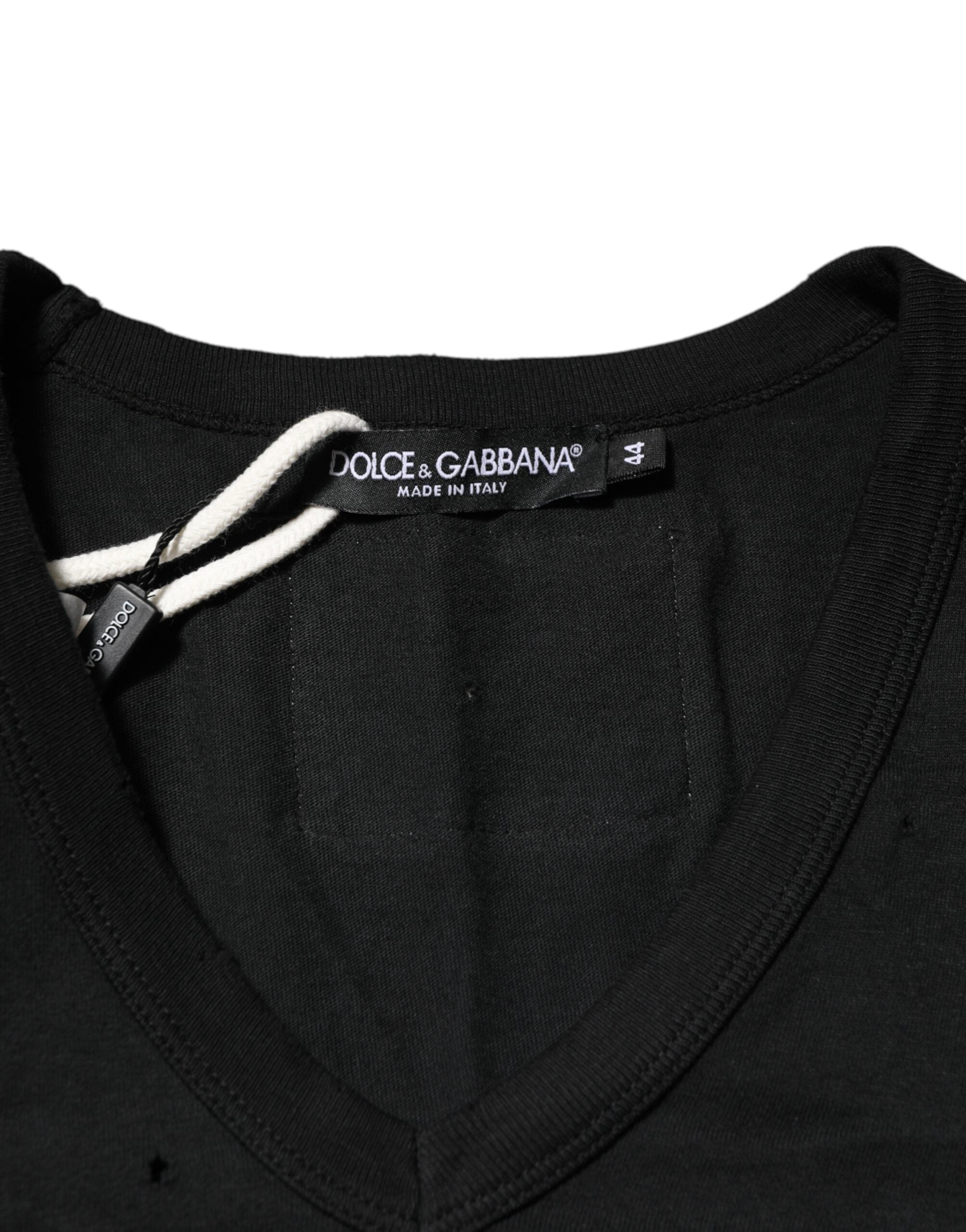 Dolce & Gabbana Black Cotton Tattered Logo V-Neck Men T-shirt Dolce & Gabbana