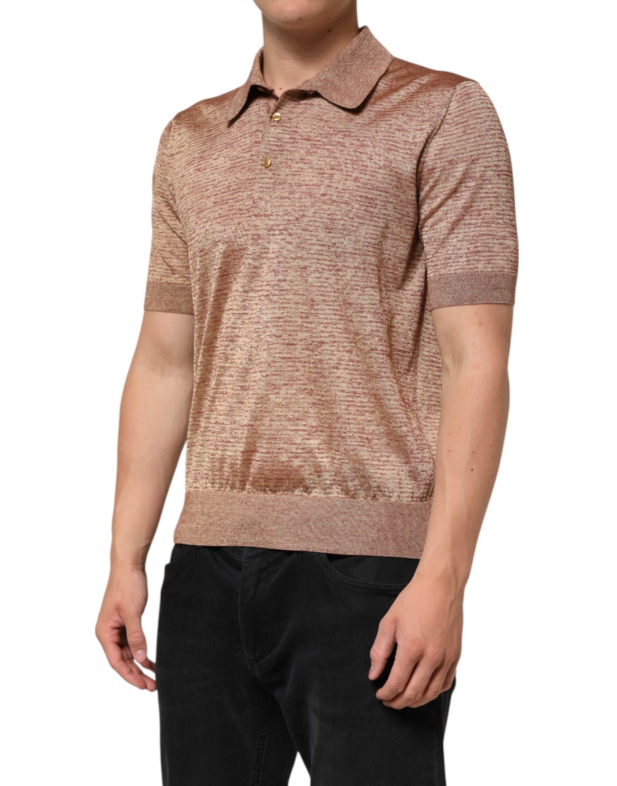 Dolce & Gabbana Brown Silk Textured Short Sleeve Polo T-shirt Dolce & Gabbana