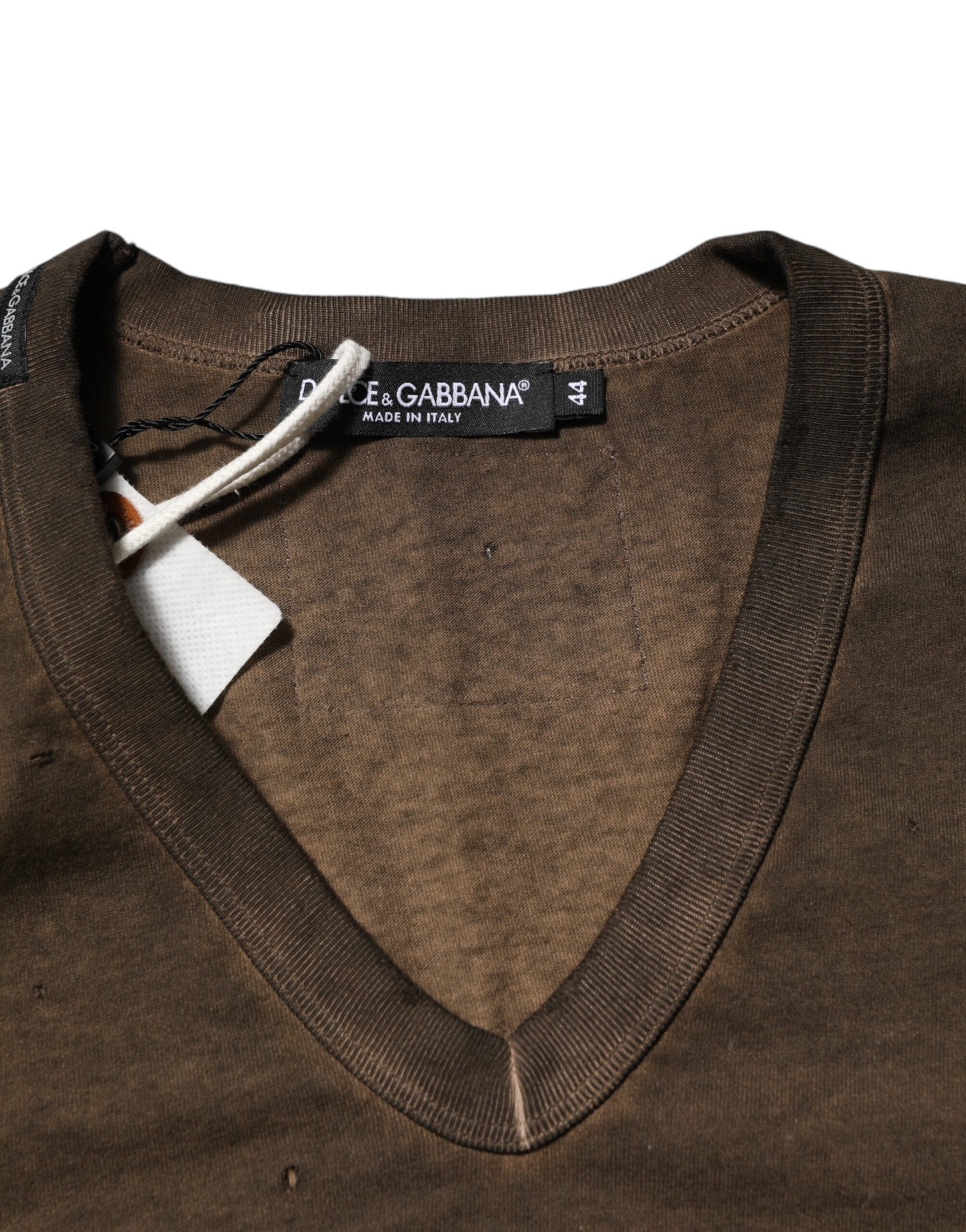 Dolce & Gabbana Dark Brown Cotton Tattered Logo Men T-shirt Dolce & Gabbana