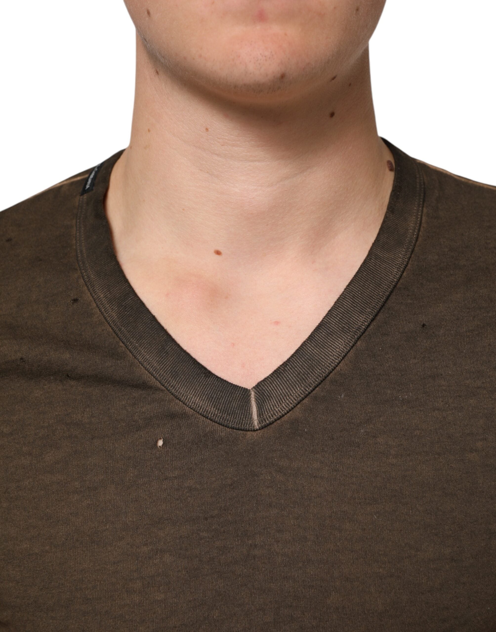 Dolce & Gabbana Dark Brown Cotton Tattered Logo Men T-shirt Dolce & Gabbana
