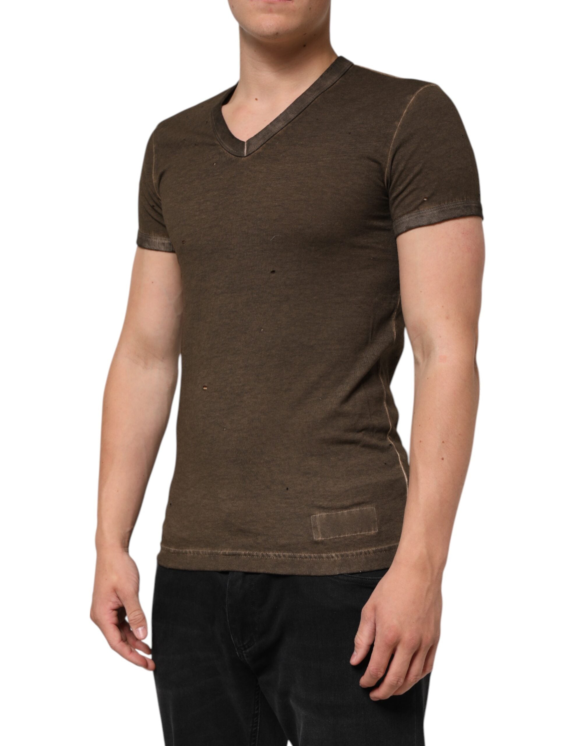 Dolce & Gabbana Dark Brown Cotton Tattered Logo Men T-shirt Dolce & Gabbana