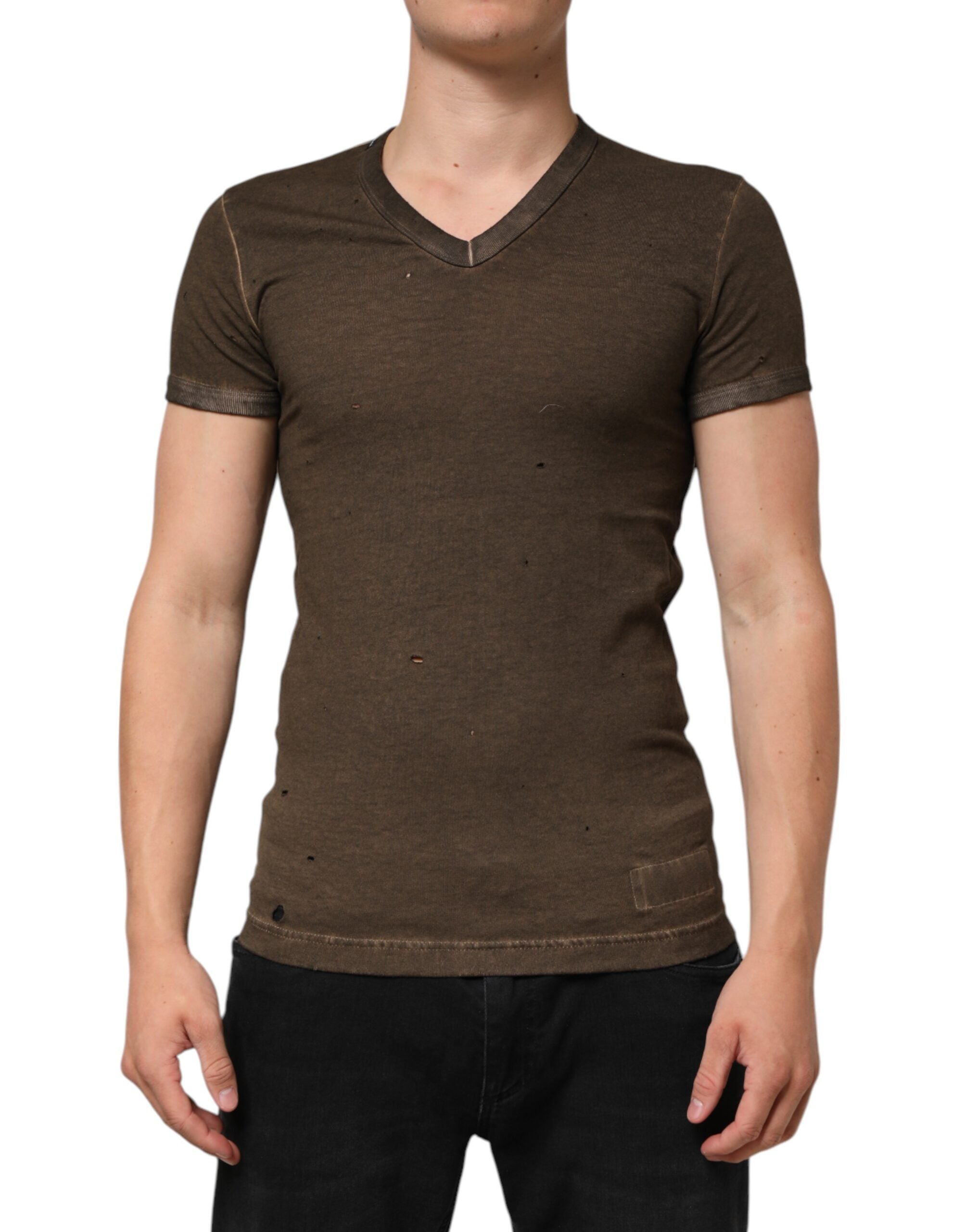 Dolce & Gabbana Dark Brown Cotton Tattered Logo Men T-shirt Dolce & Gabbana