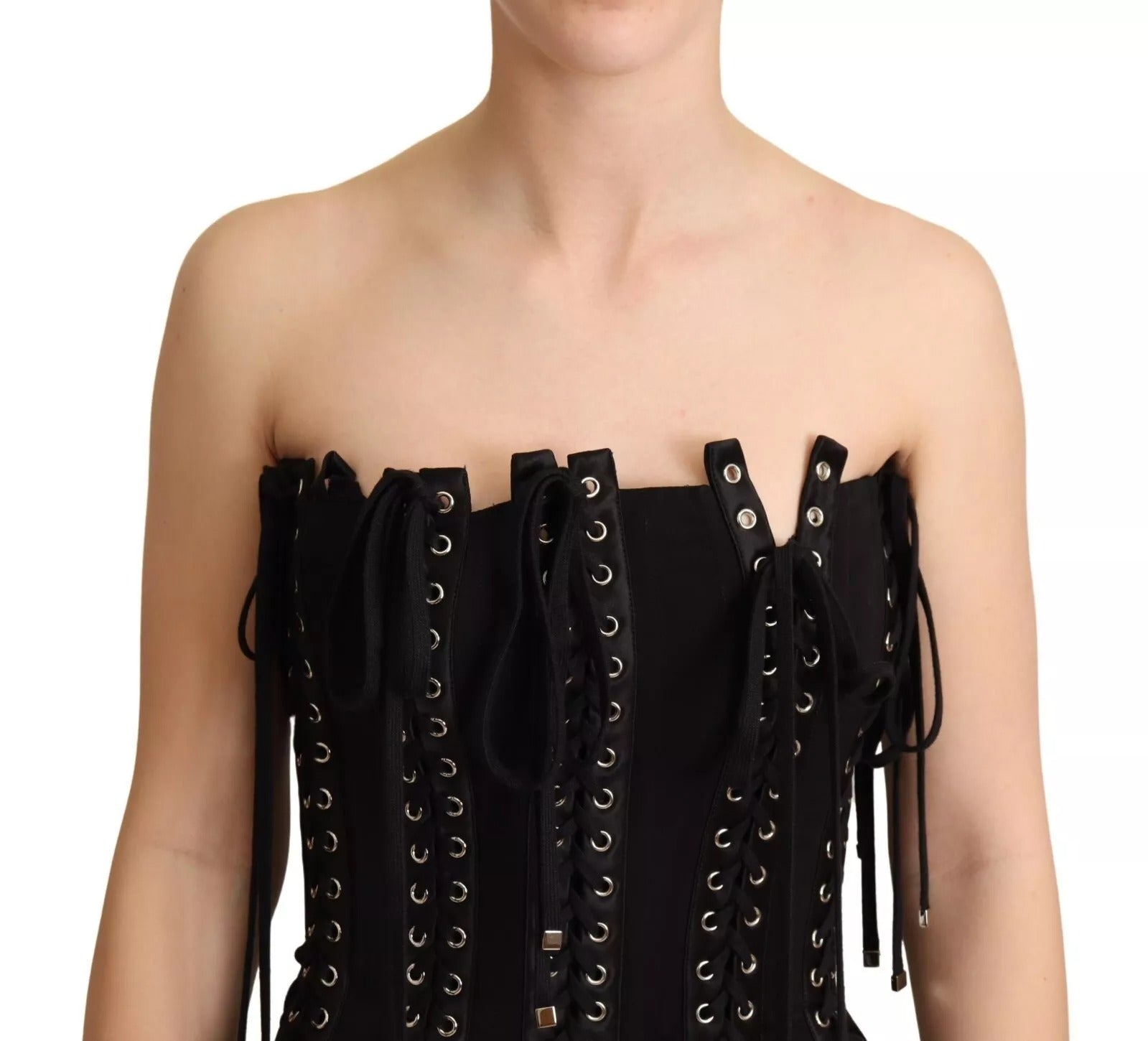 Dolce & Gabbana Black Cady Sleeveless Lace Up Bodycon Dress Dolce & Gabbana