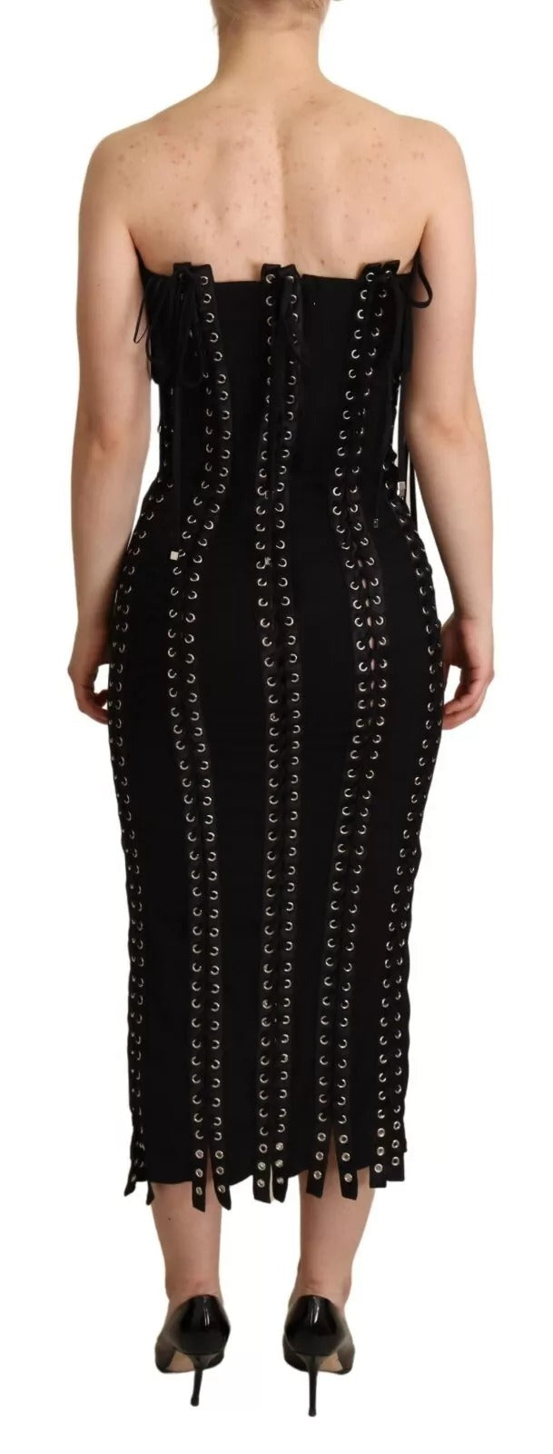 Dolce & Gabbana Black Cady Sleeveless Lace Up Bodycon Dress Dolce & Gabbana