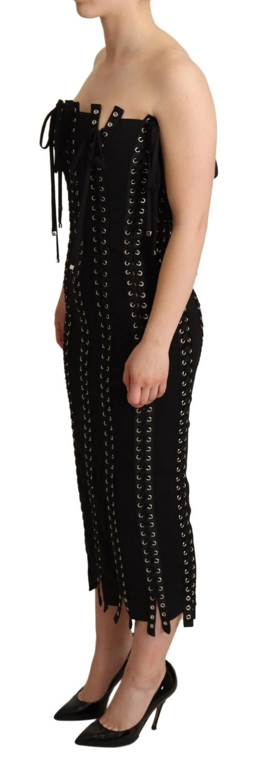 Dolce & Gabbana Black Cady Sleeveless Lace Up Bodycon Dress Dolce & Gabbana
