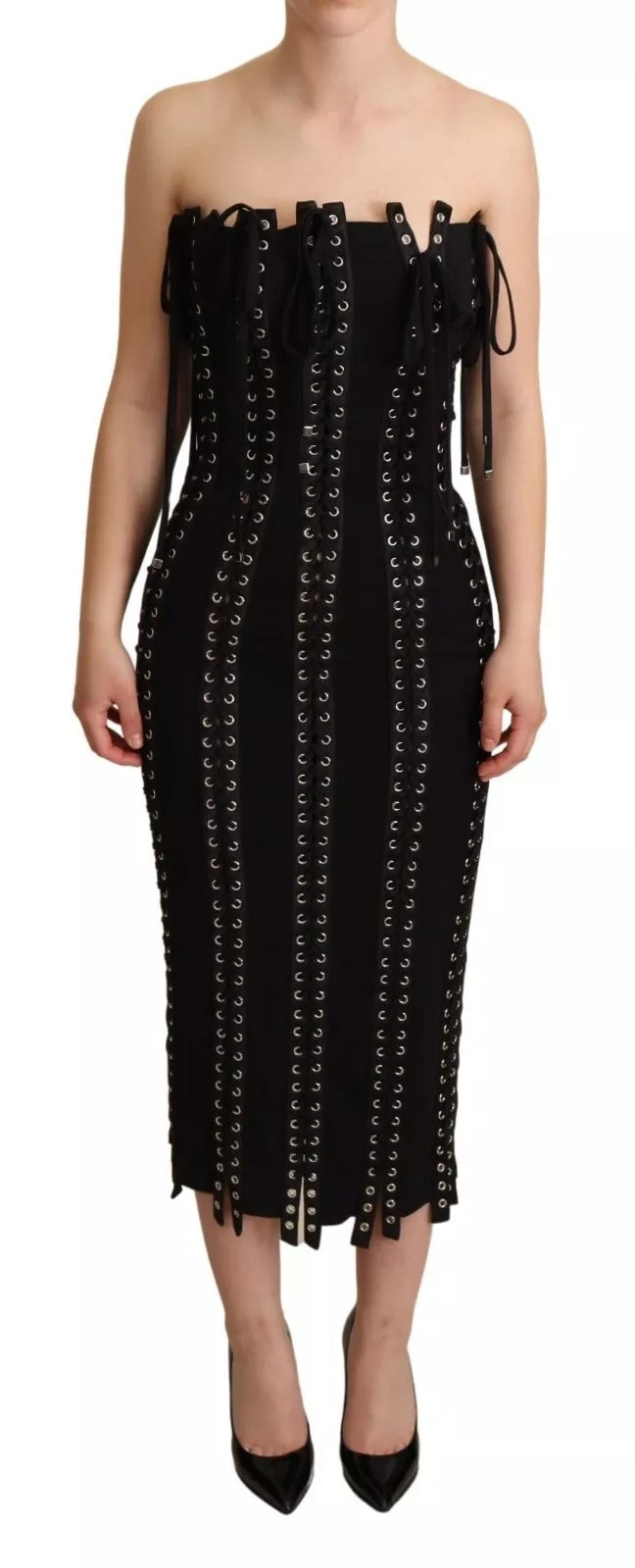 Dolce & Gabbana Black Cady Sleeveless Lace Up Bodycon Dress Dolce & Gabbana