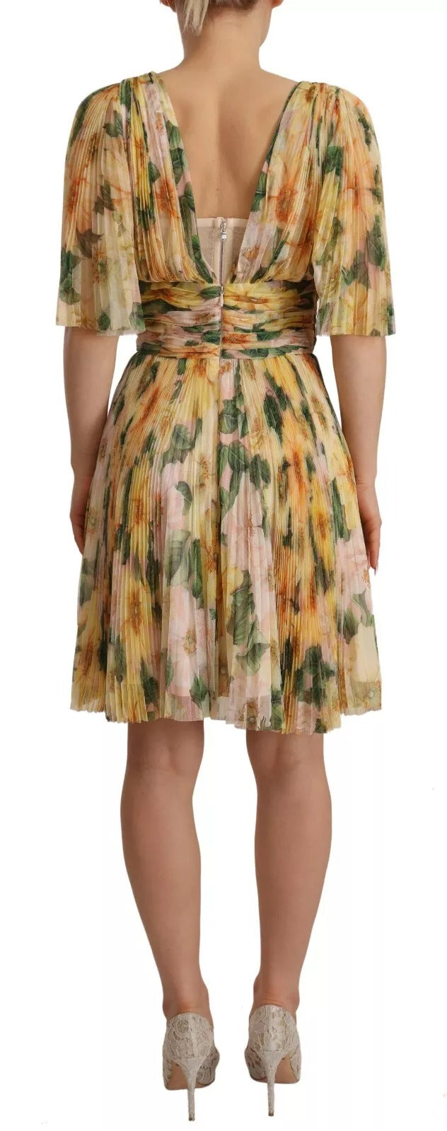 Dolce & Gabbana Yellow Floral Print Pleated Maxi Dress Dolce & Gabbana