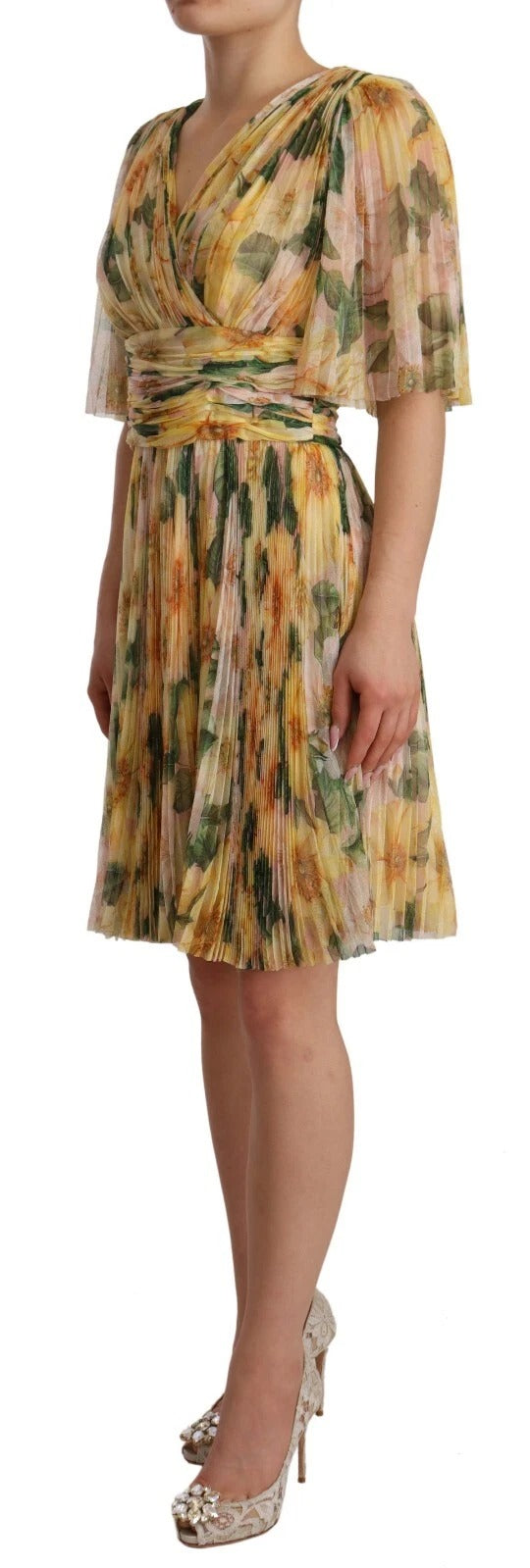 Dolce & Gabbana Yellow Floral Print Pleated Maxi Dress Dolce & Gabbana