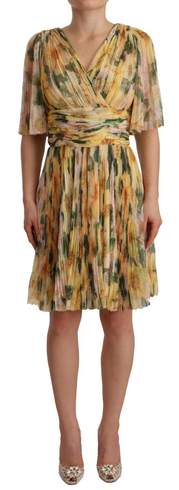 Dolce & Gabbana Yellow Floral Print Pleated Maxi Dress Dolce & Gabbana