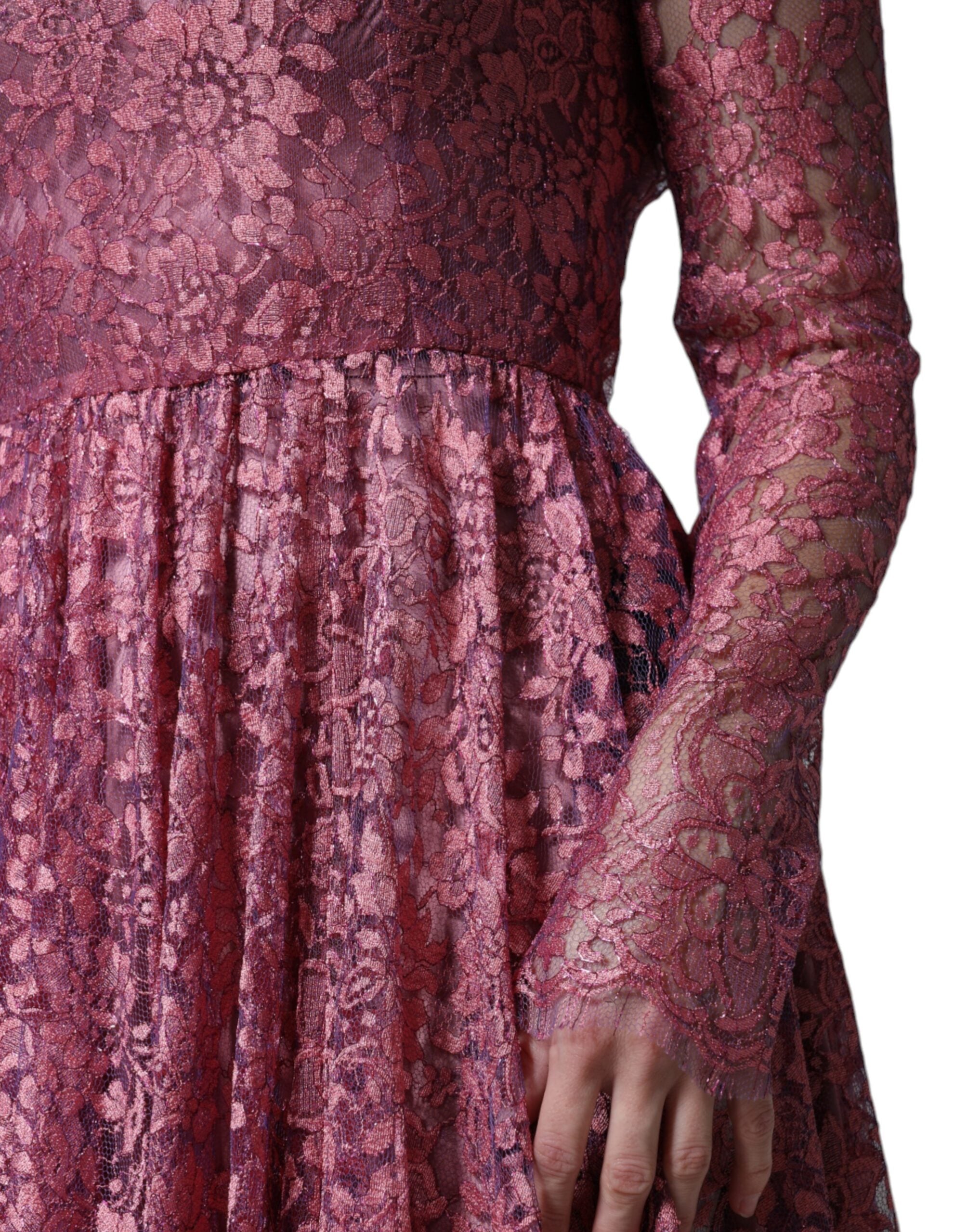 Dolce & Gabbana Pink Floral Lace Long Sleeve Midi Dress Dolce & Gabbana
