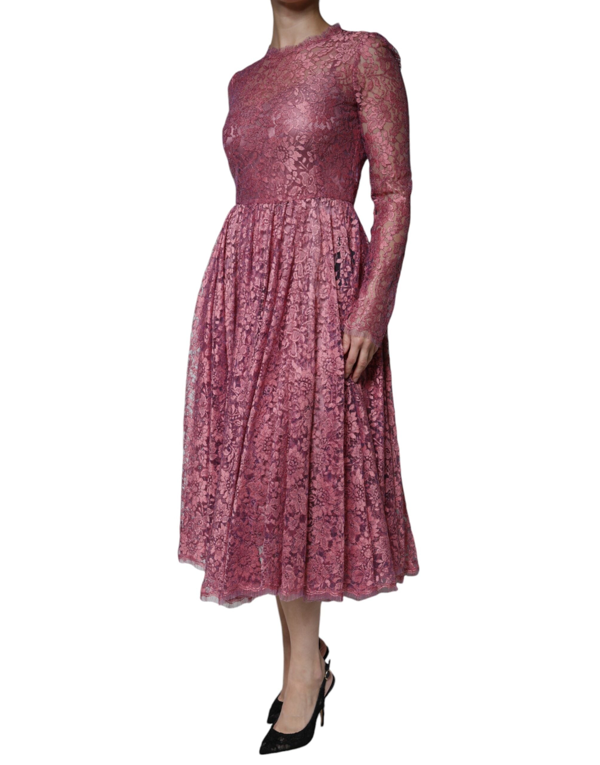 Dolce & Gabbana Pink Floral Lace Long Sleeve Midi Dress Dolce & Gabbana