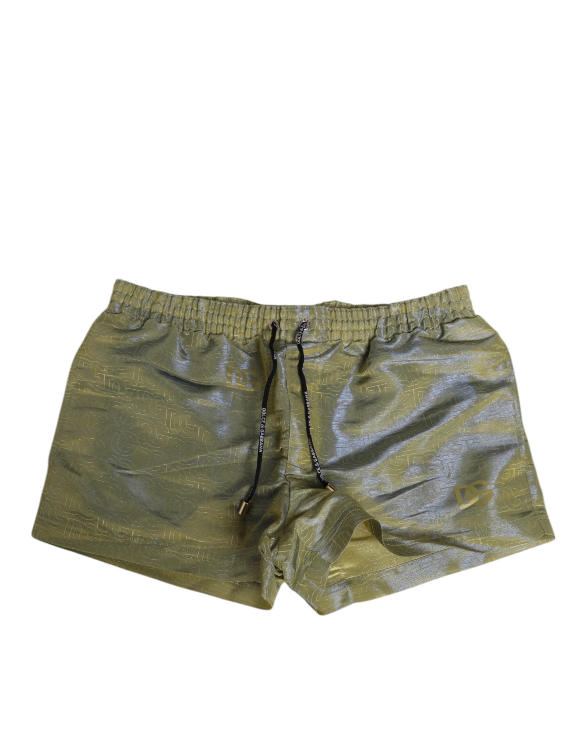 Dolce & Gabbana Green Polyester Metallic Logo Print Men Swimwear Dolce & Gabbana