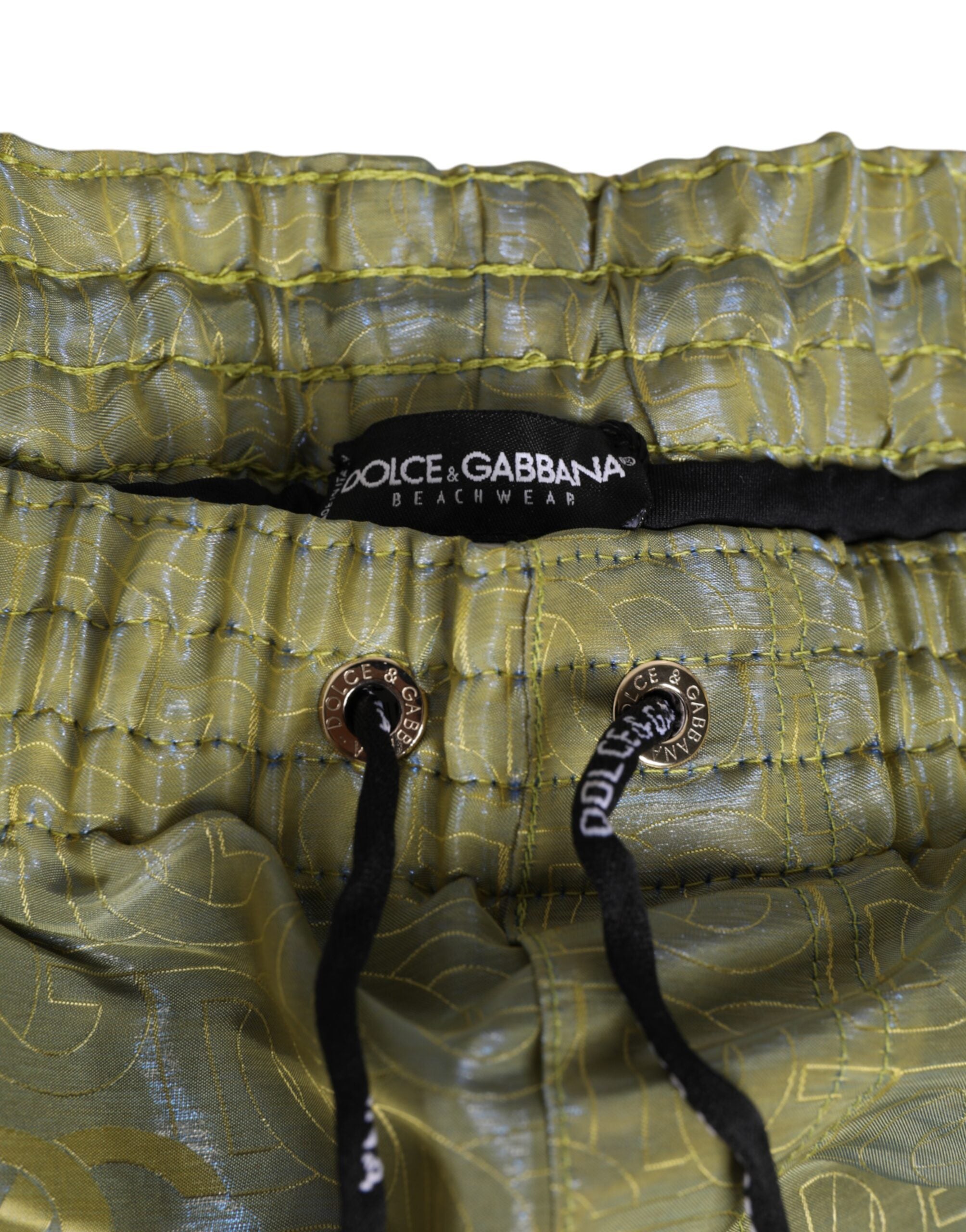 Dolce & Gabbana Green Polyester Metallic Logo Print Men Swimwear Dolce & Gabbana