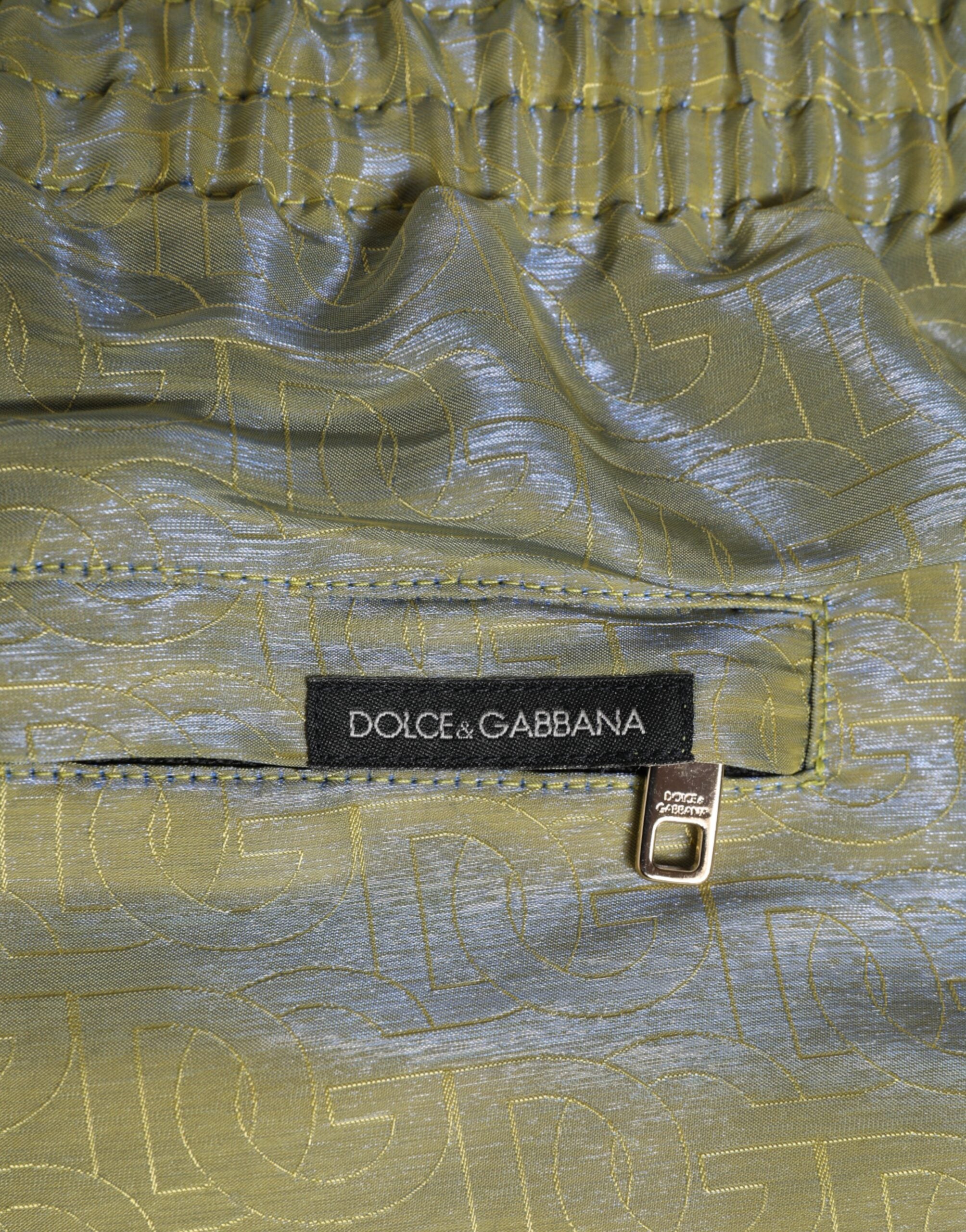 Dolce & Gabbana Green Polyester Metallic Logo Print Men Swimwear Dolce & Gabbana