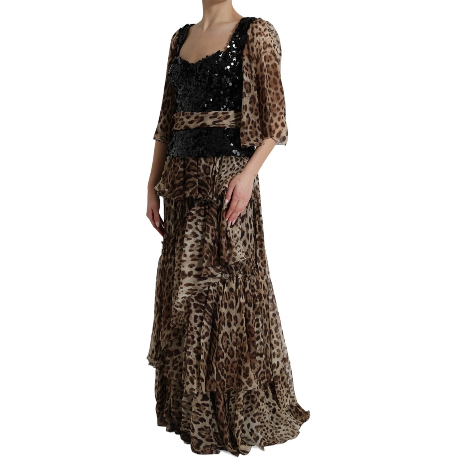 Dolce & Gabbana Leopard Print Silk Sequin Ruffle Maxi Dress Dolce & Gabbana