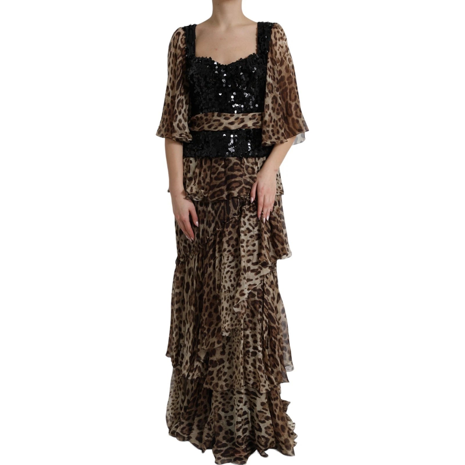 Dolce & Gabbana Leopard Print Silk Sequin Ruffle Maxi Dress Dolce & Gabbana