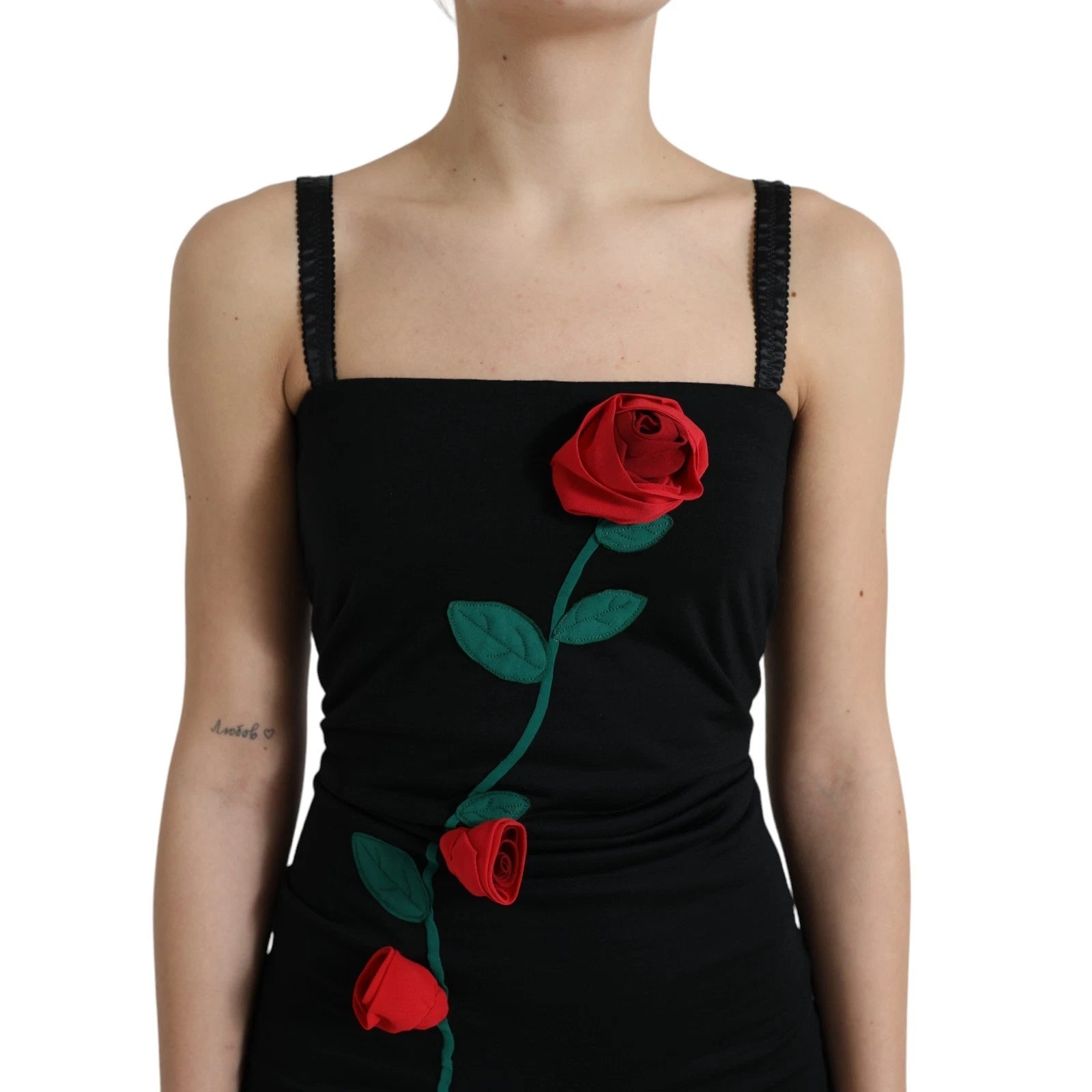 Dolce & Gabbana Black Wool Sleeveless Rose Applique Dress Dolce & Gabbana