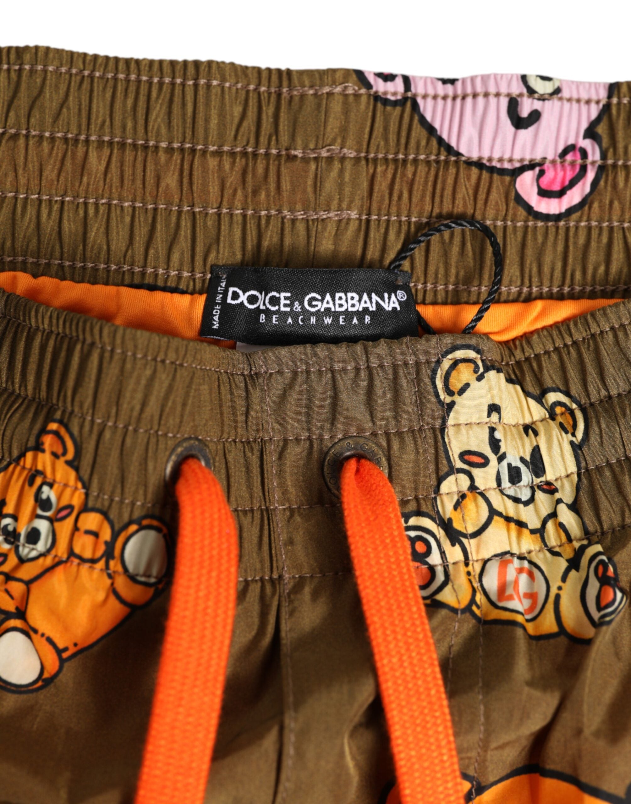 Dolce & Gabbana Brown Multicolor Teddy Bear Men Shorts Swimwear Dolce & Gabbana