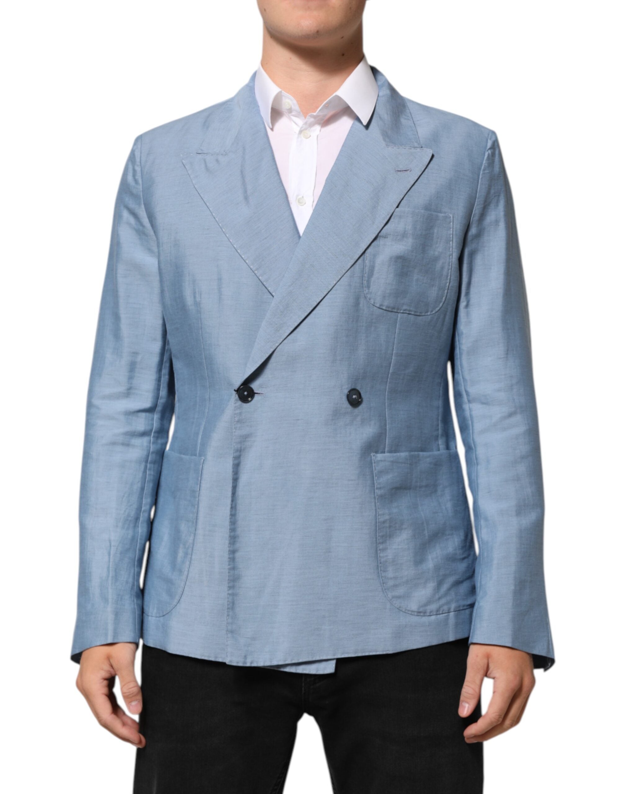 Dolce & Gabbana Light Blue Linen Double Breasted Men Jacket Blazer Dolce & Gabbana