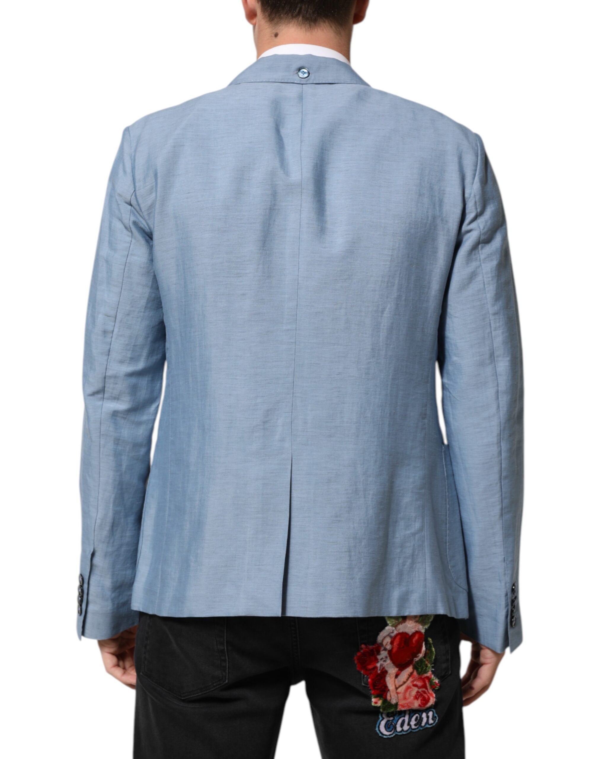 Dolce & Gabbana Light Blue Linen Double Breasted Men Jacket Blazer Dolce & Gabbana