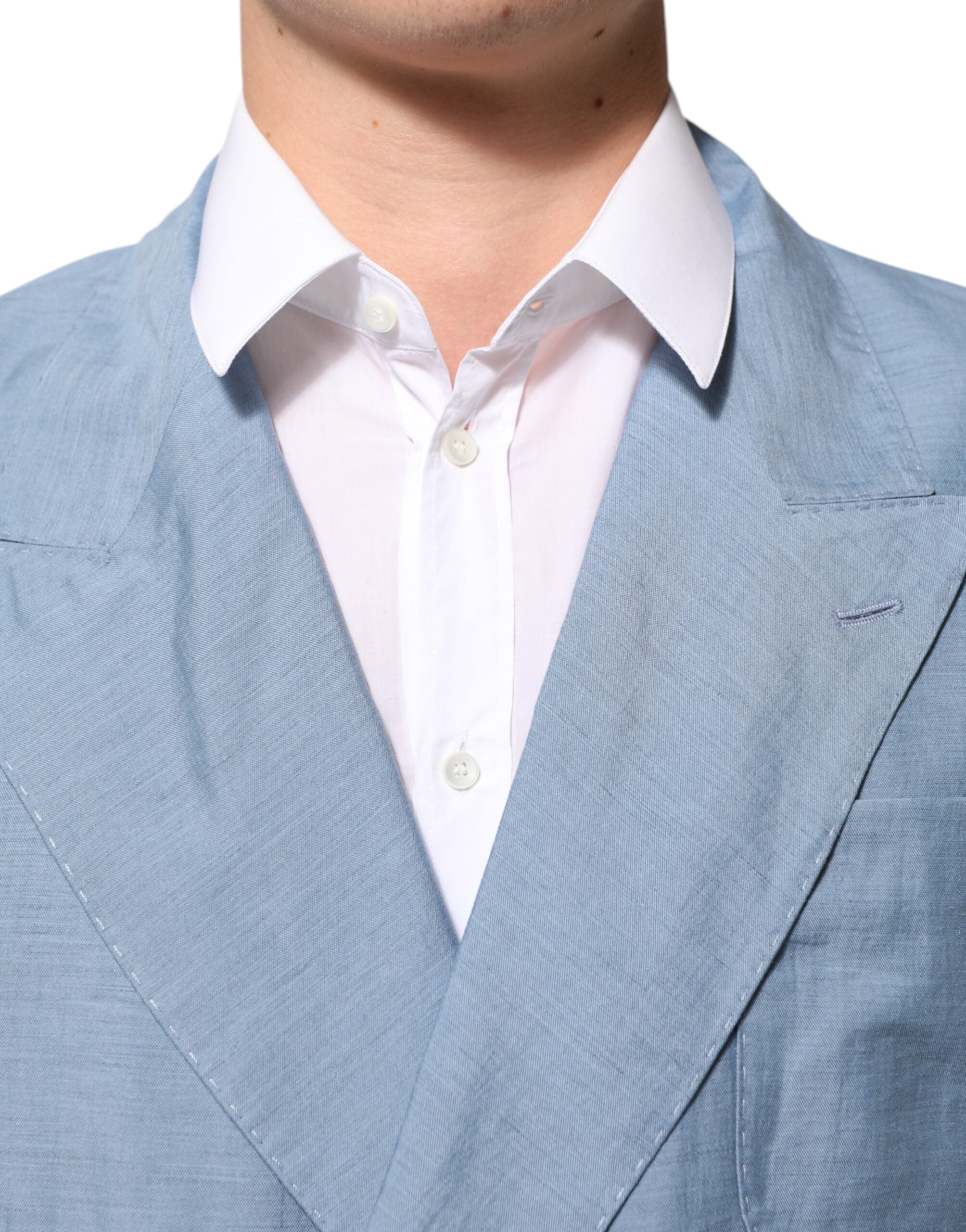 Dolce & Gabbana Light Blue Linen Double Breasted Men Jacket Blazer Dolce & Gabbana