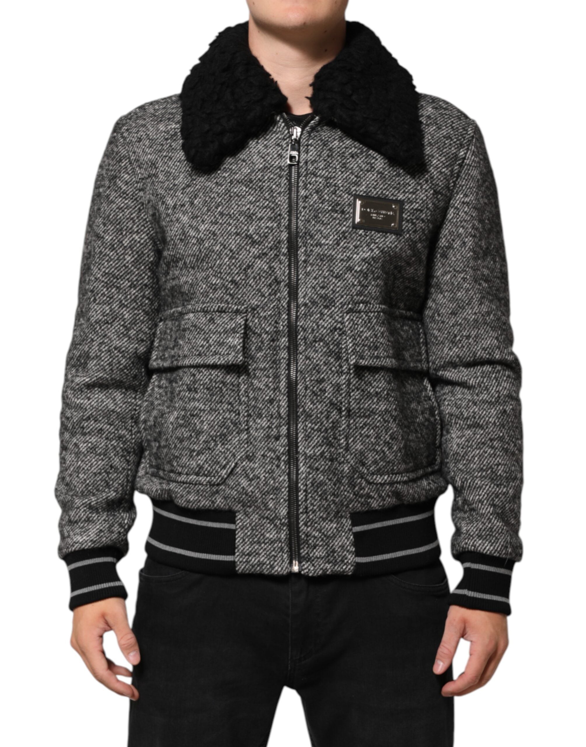 Dolce & Gabbana Gray Wool Herringbone Shearling Collar Bomber Jacket Dolce & Gabbana