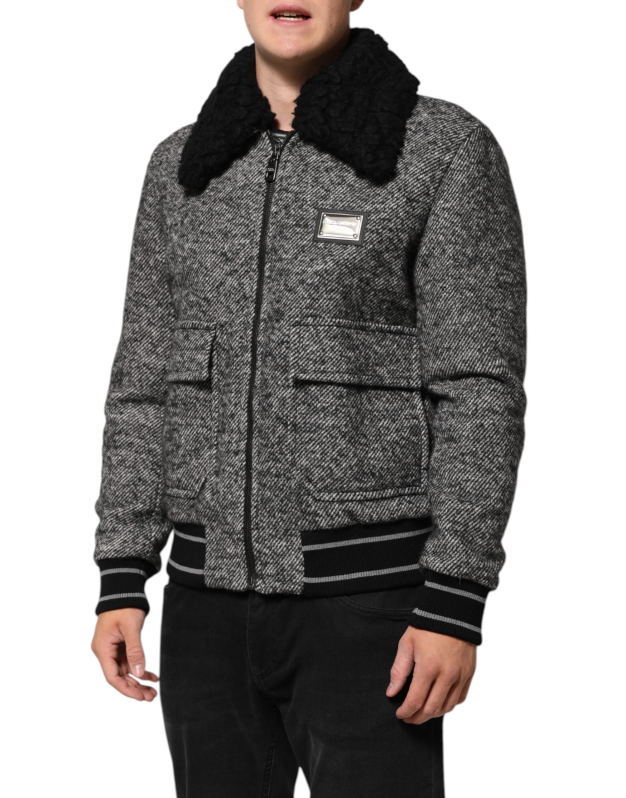 Dolce & Gabbana Gray Wool Herringbone Shearling Collar Bomber Jacket Dolce & Gabbana