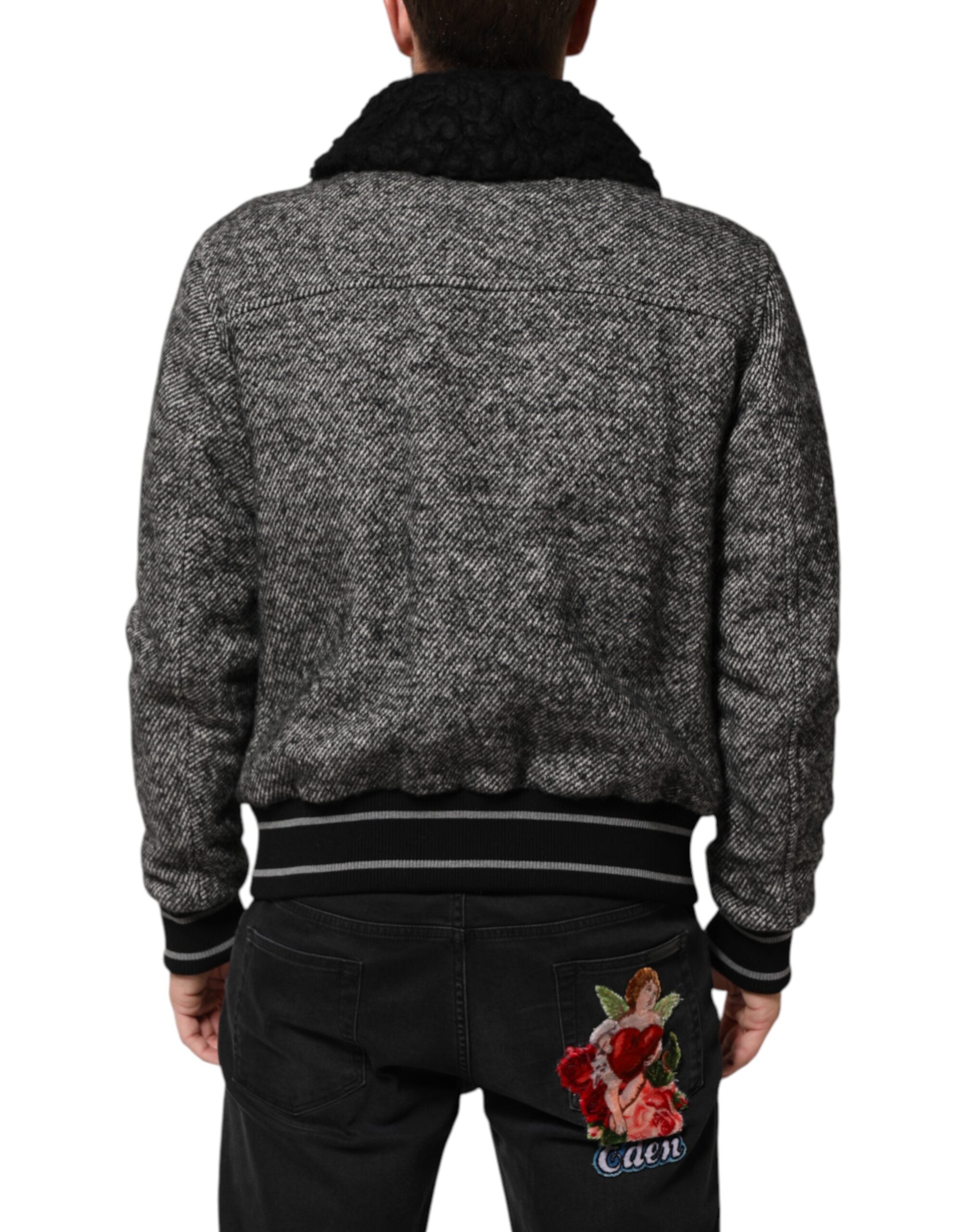 Dolce & Gabbana Gray Wool Herringbone Shearling Collar Bomber Jacket Dolce & Gabbana