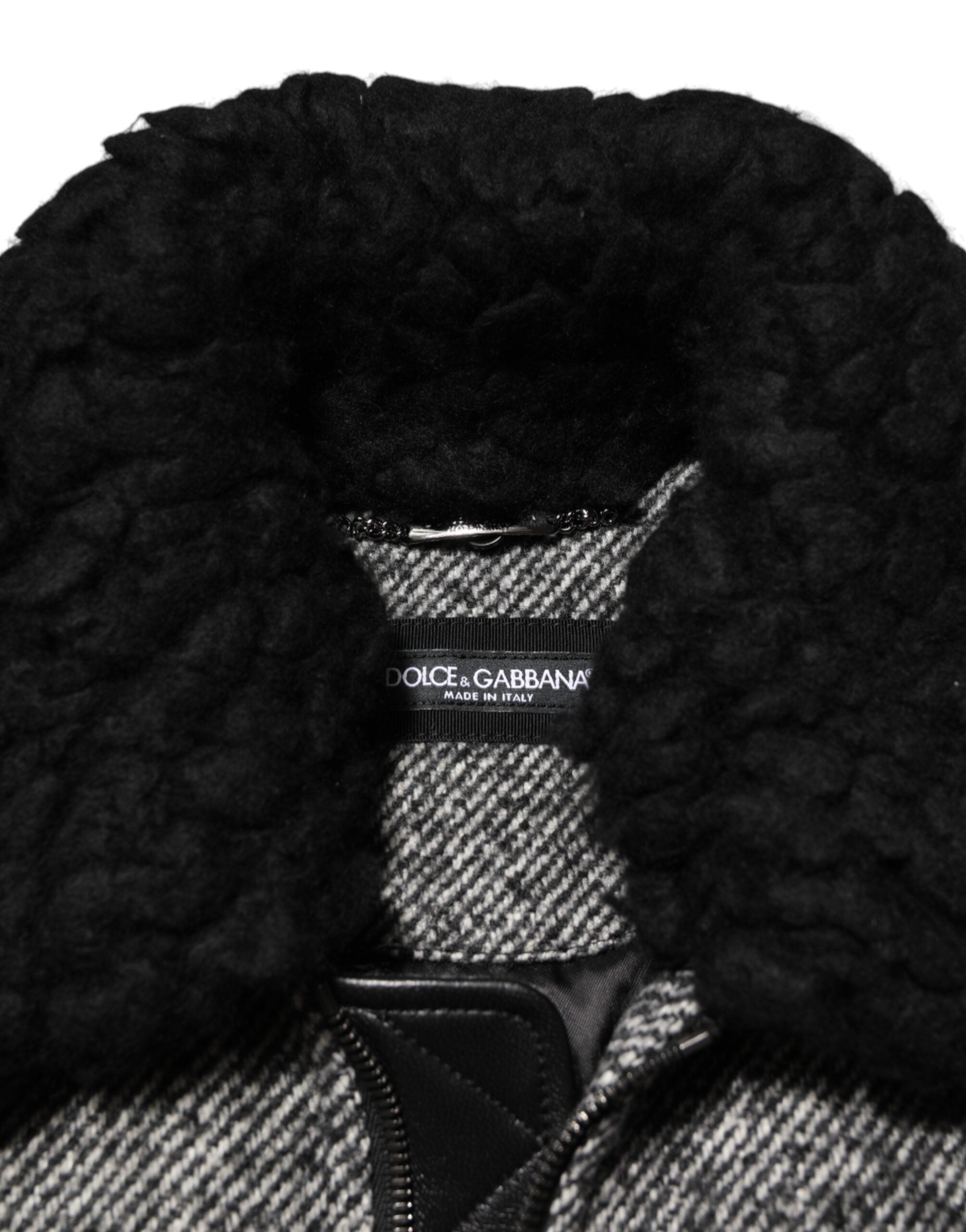 Dolce & Gabbana Gray Wool Herringbone Shearling Collar Bomber Jacket Dolce & Gabbana