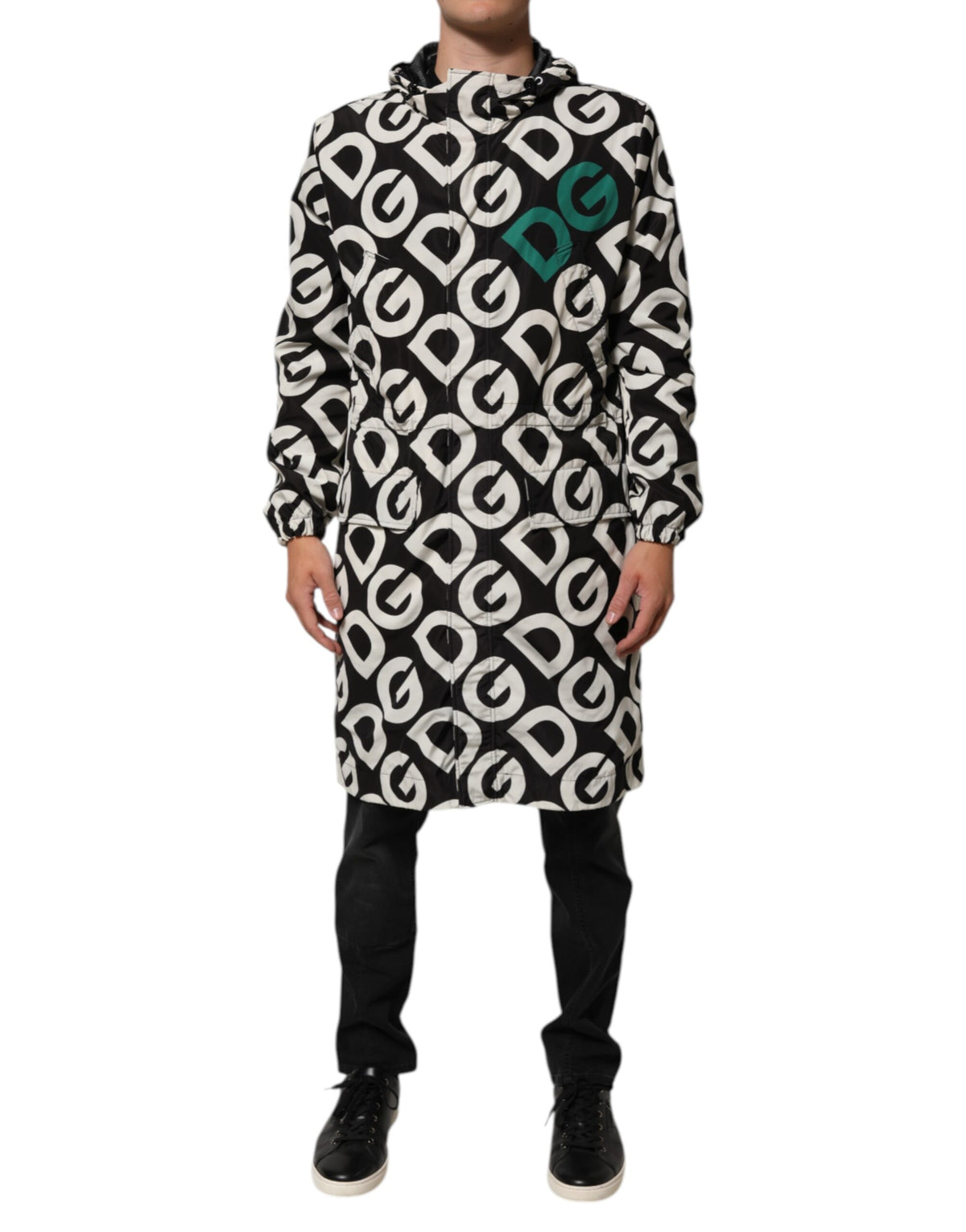 Dolce & Gabbana Black White Logo Print Hooded Coat Men Jacket