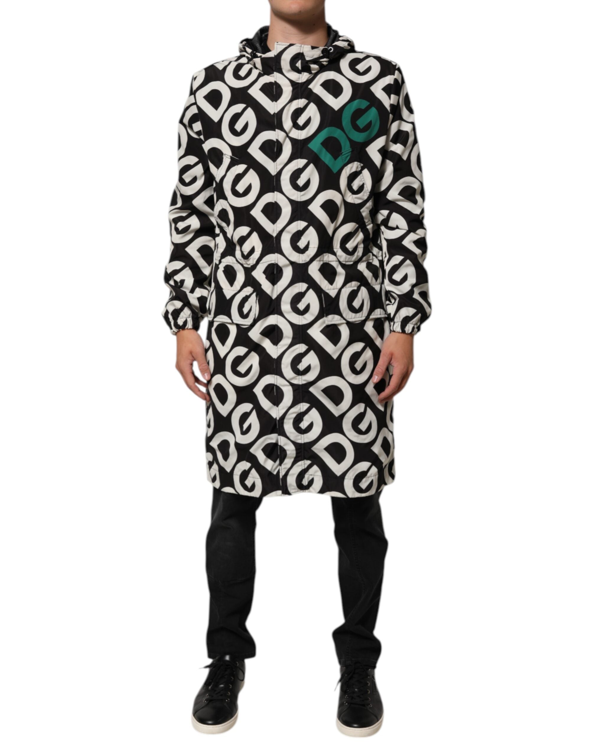 Dolce & Gabbana Black White Logo Print Hooded Coat Men Jacket Dolce & Gabbana