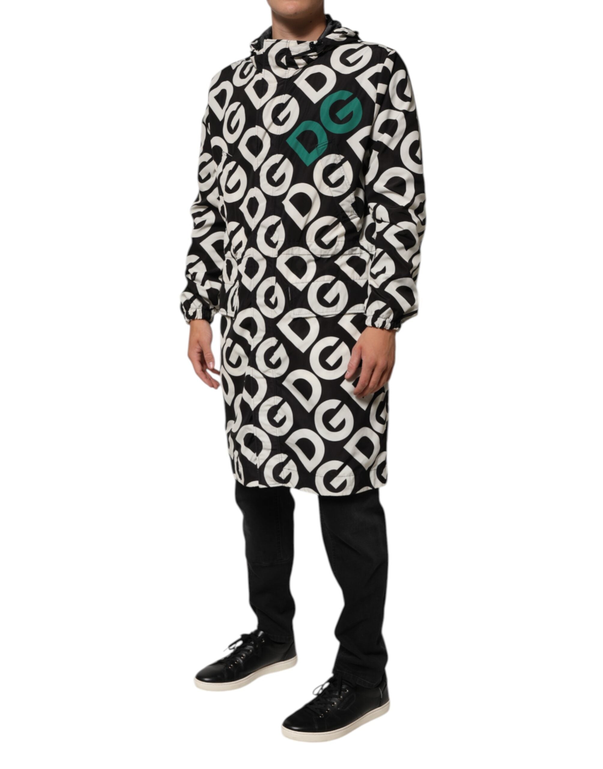 Dolce & Gabbana Black White Logo Print Hooded Coat Men Jacket Dolce & Gabbana