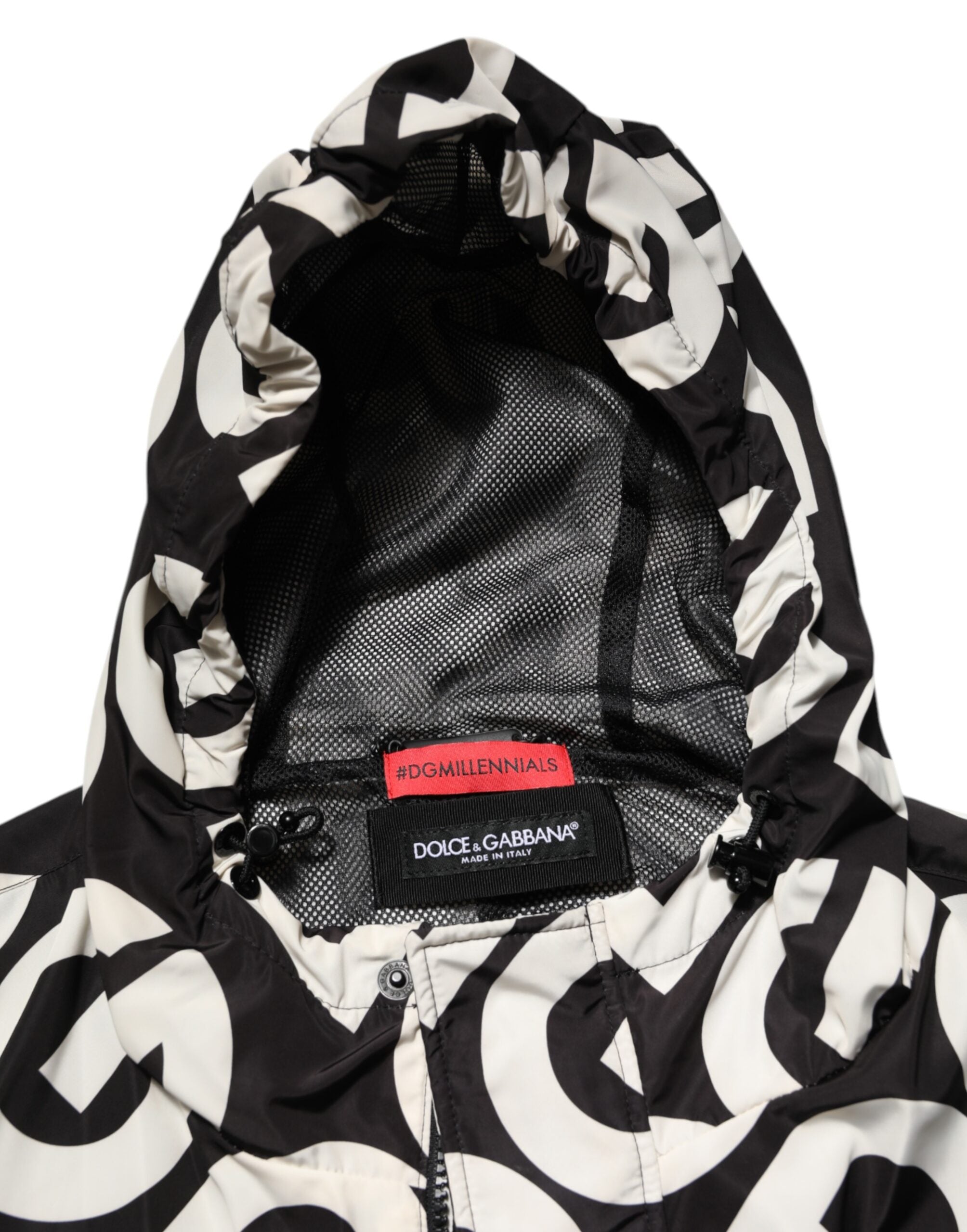 Dolce & Gabbana Black White Logo Print Hooded Coat Men Jacket Dolce & Gabbana