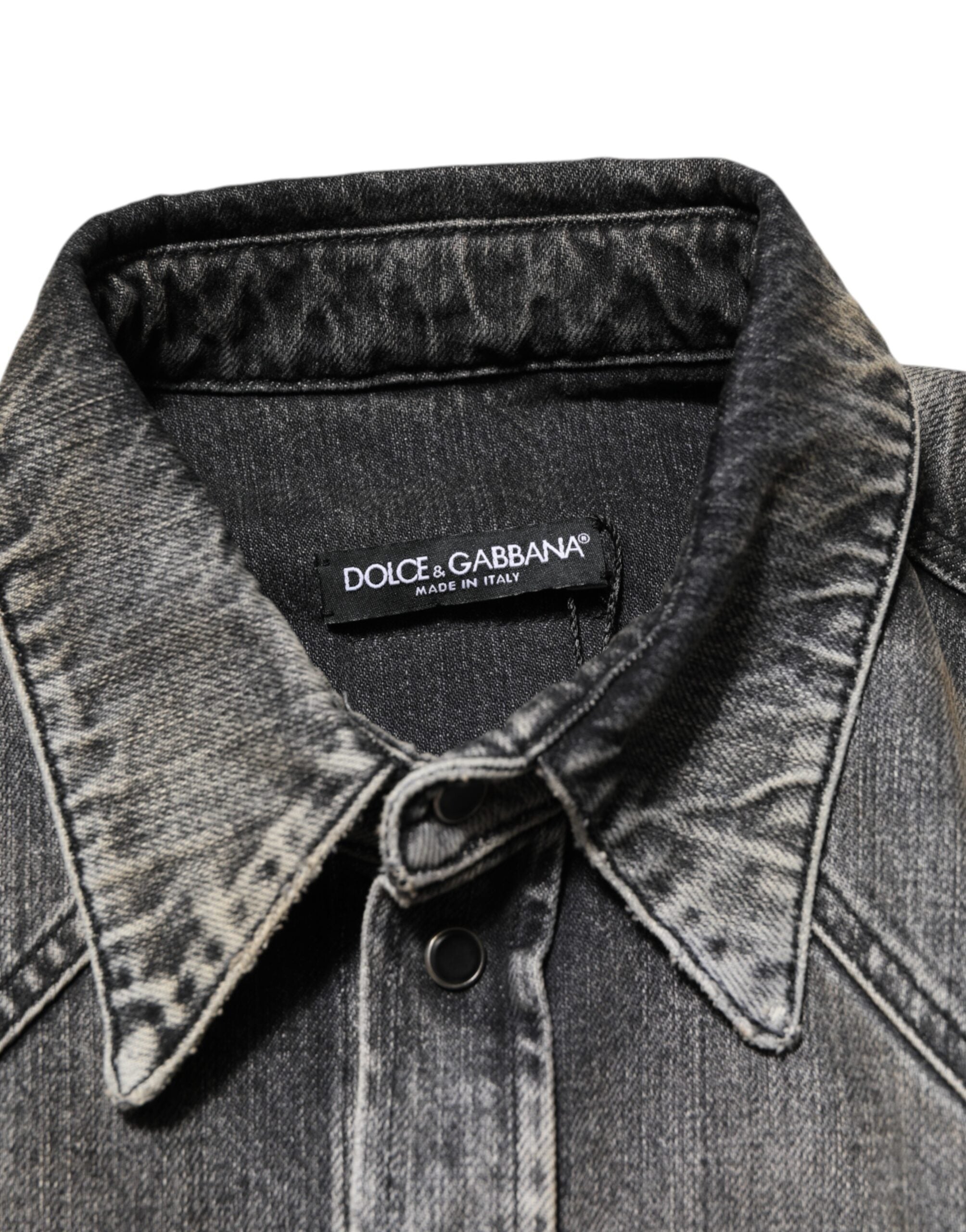 Dolce & Gabbana Black Washed Cotton Snap Long Sleeve Casual Shirt Dolce & Gabbana