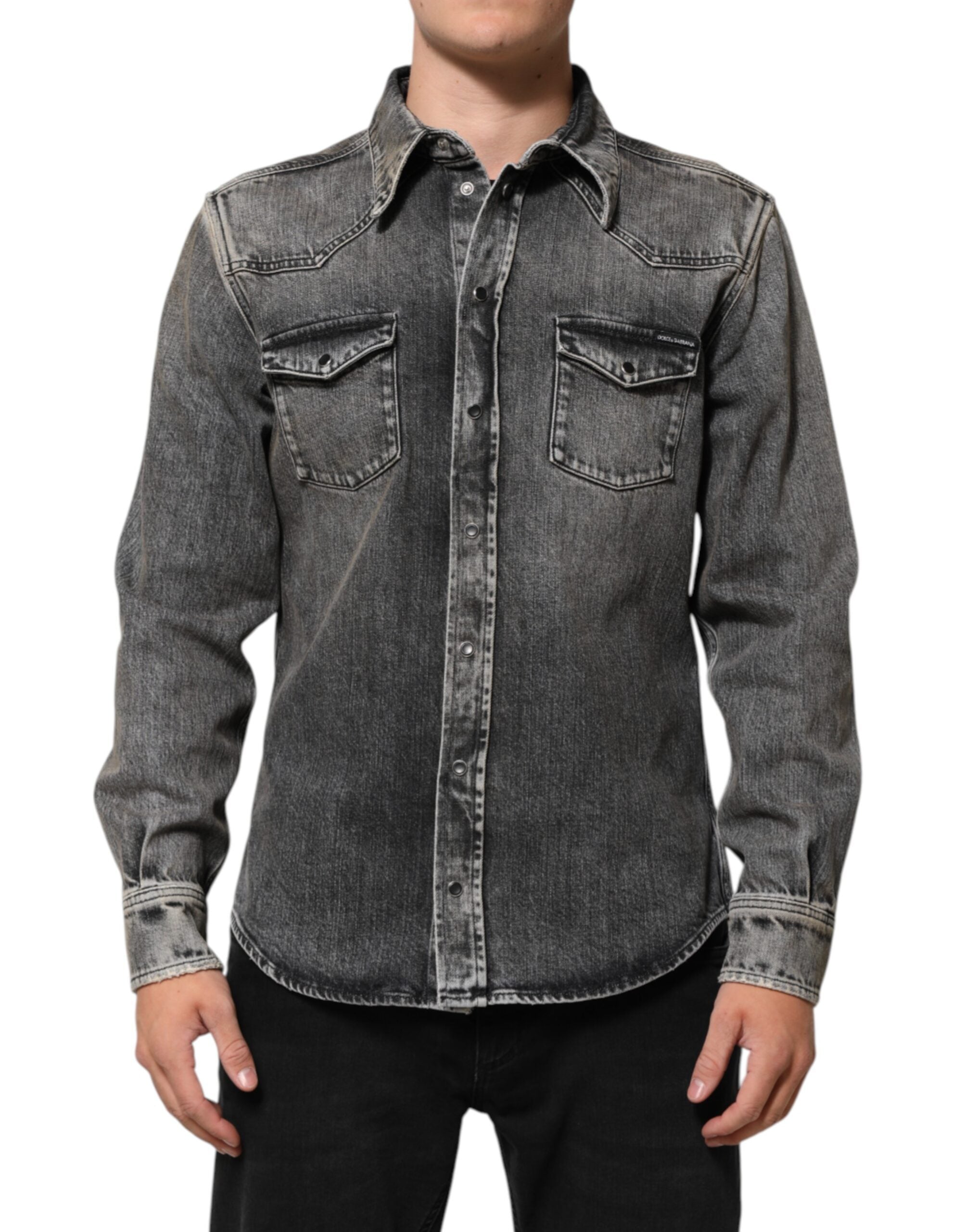 Dolce & Gabbana Black Washed Cotton Snap Long Sleeve Casual Shirt Dolce & Gabbana