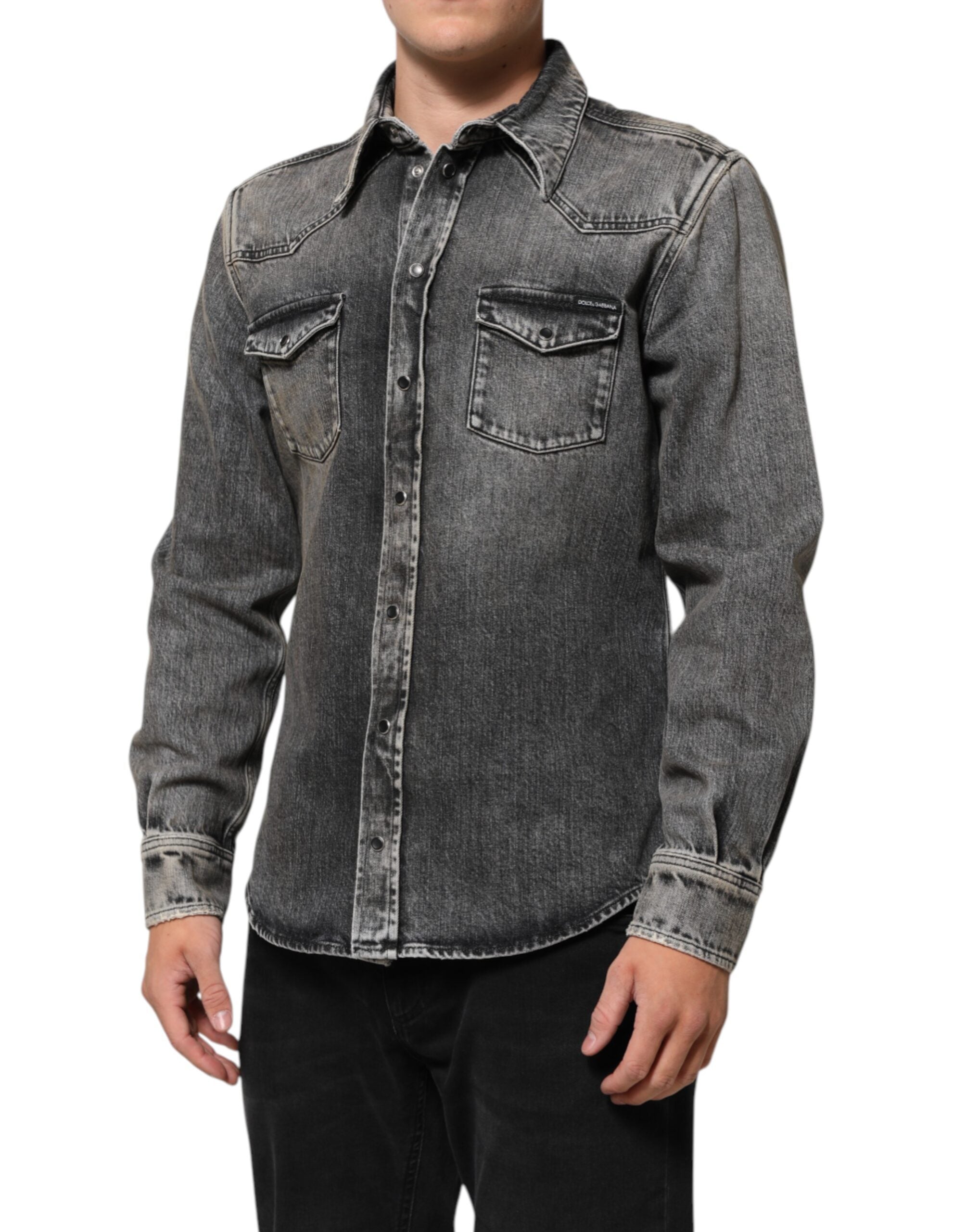 Dolce & Gabbana Black Washed Cotton Snap Long Sleeve Casual Shirt Dolce & Gabbana